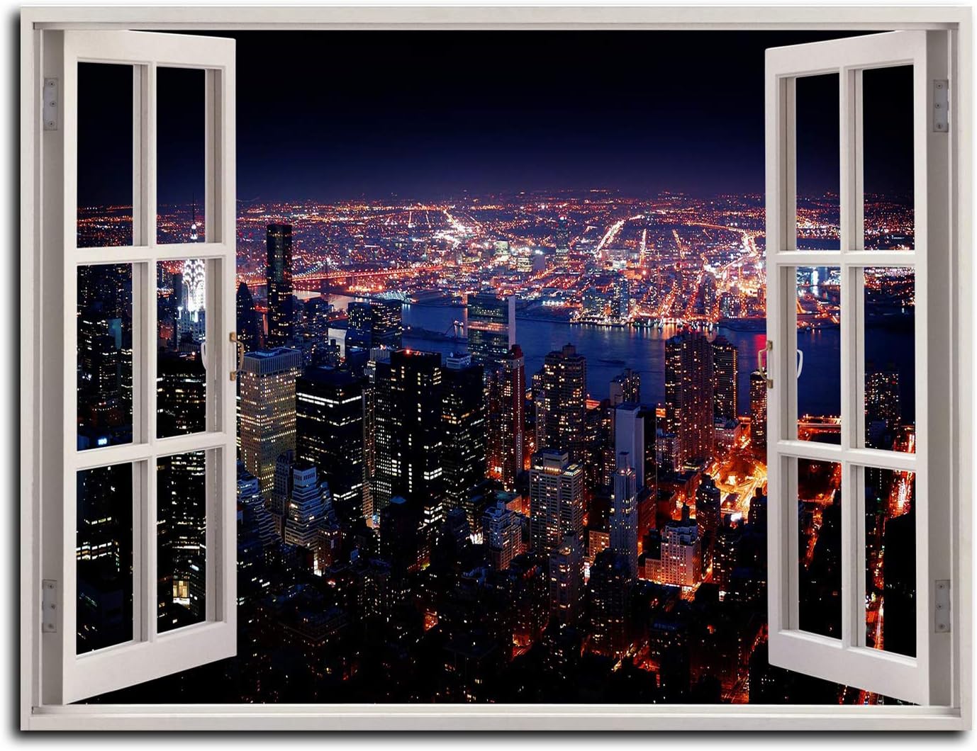 photo New York Skyline Glass Wall Art hunn beautiful new york night scene canvas picture window frame nyc skyline wall decoration giclee print for living room bedroom home decor ready to