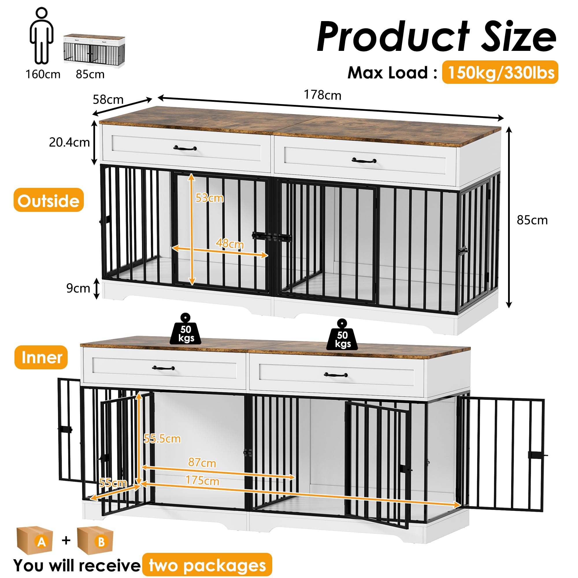 Jaula para Perros Grandes Interior Estilo Mueble Casa para Perros con 2 Cajones Caja para Perros Grande para Casa de Madera Jaula Mueble de Madera para Perro XXL, hasta 100KG, 178x58x85CM