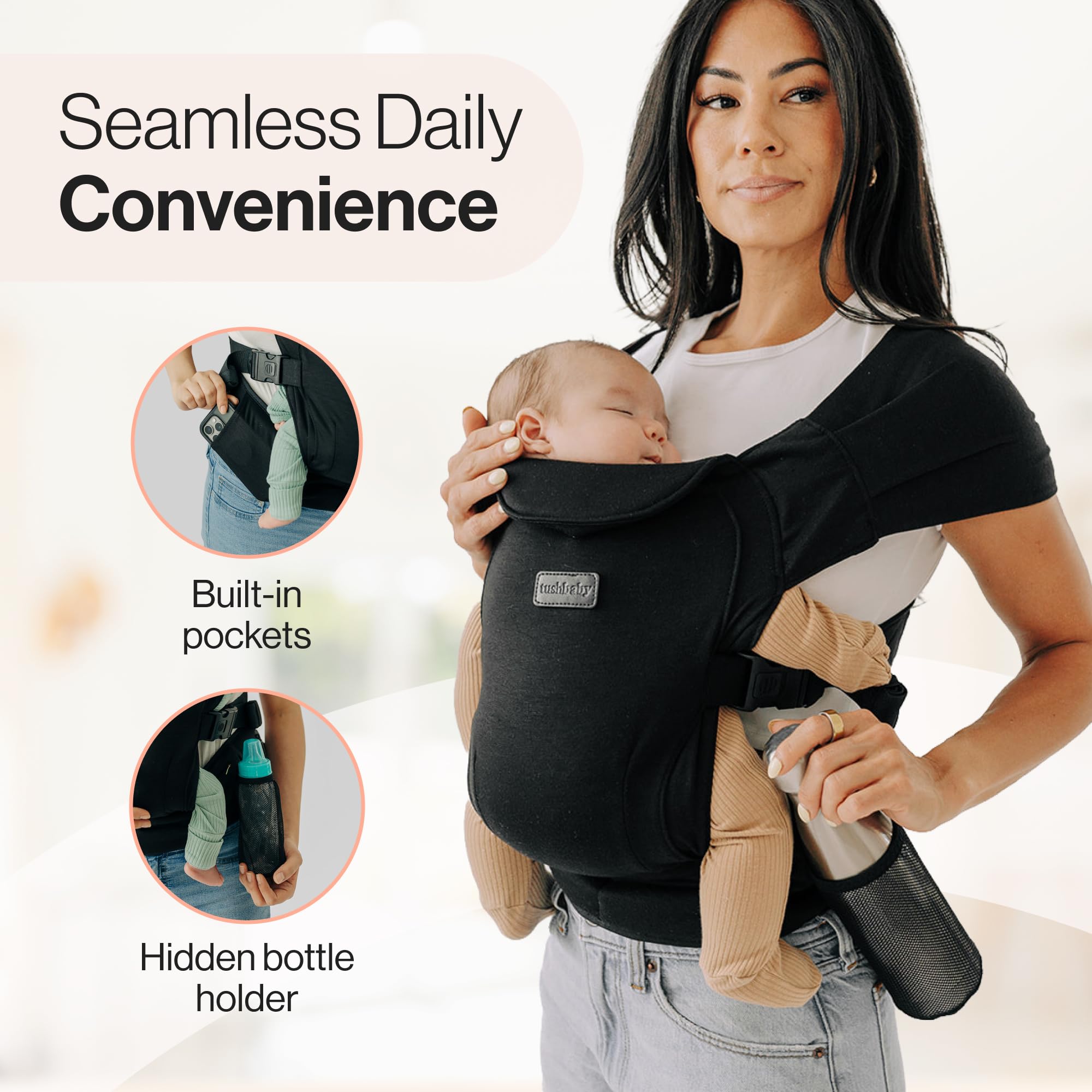 Tushbaby Pearl Wrap Carrier – Envoltura ergonómica para recién nacidos de 8 a 20 libras – Portabebés manos libres con almacenamiento, soporte para biberones y accesorio de limpieza – Tela suave y