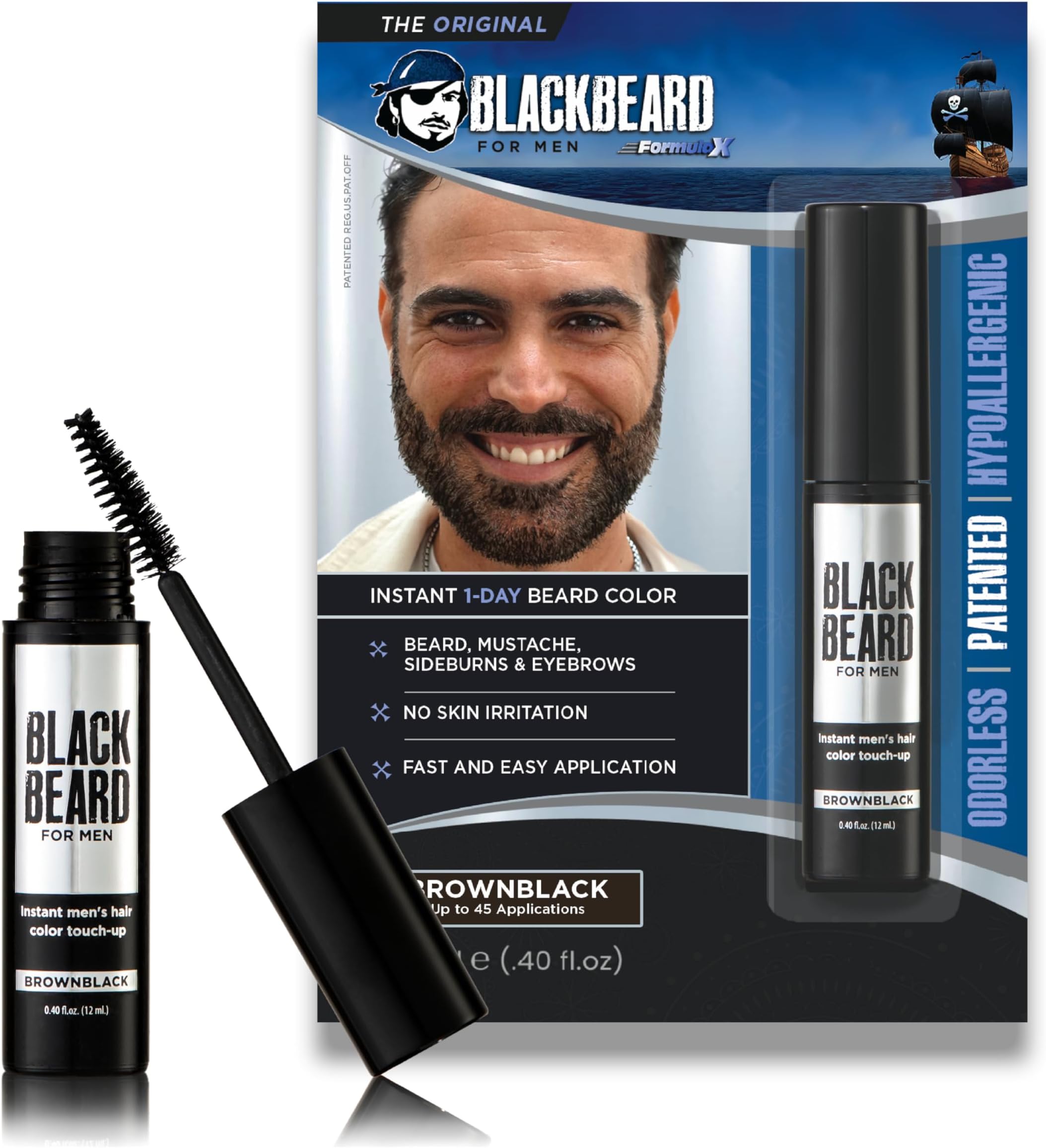 Blackbeard Formula X - Instant, Hypoallergenic, Temporary Tint for 1-Day Beard, Mustache, Eyebrow and Sideburn Color - Brown/Black, 1 Pack