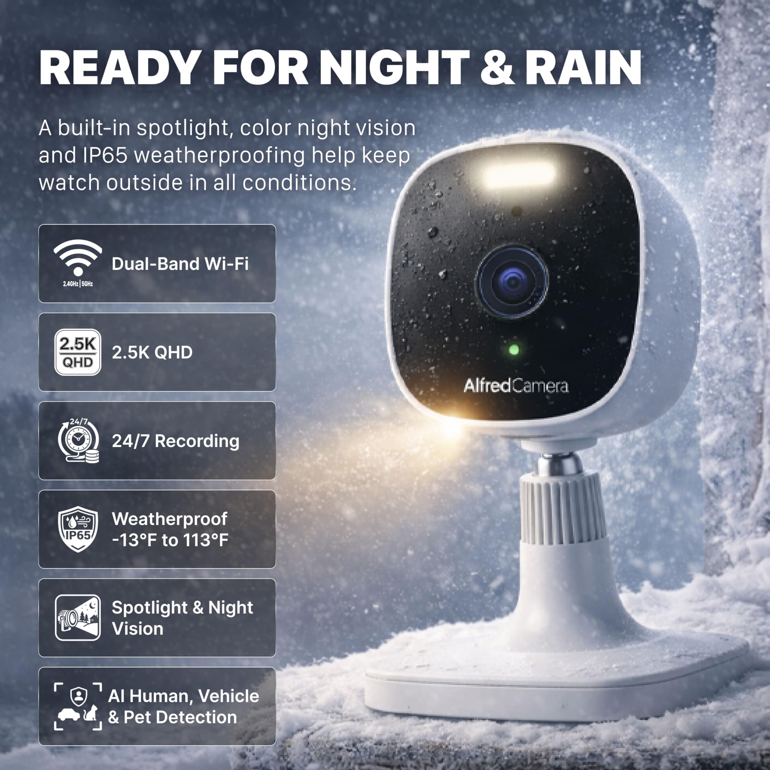AlfredCam Plus 2 Cámara de Seguridad Exterior WiFi 2.5K con Foco LED, Visión Nocturna a Color, Audio Bidireccional, IP65 Impermeable, Grabación 24/7 con Tarjeta 64GB