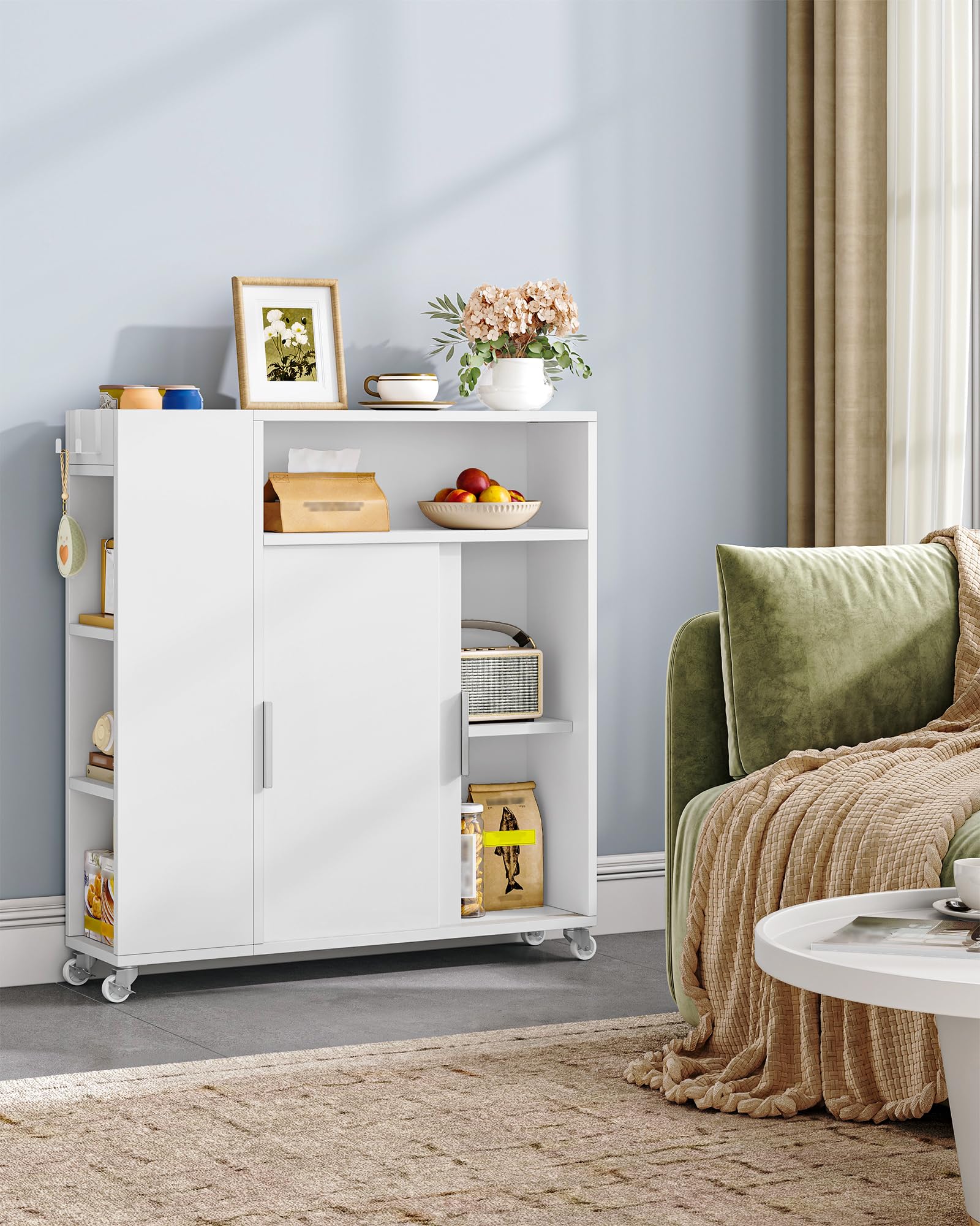 Hzuaneri Mueble de Baño on Ruedas, Estrecho, Mueble Empotrado con Puertas Correderas, Portarrollos, Estantes Ajustables, para Baño, Salón y Cocina, 20 x 70 x 80 cm, Blanco BC66603X
