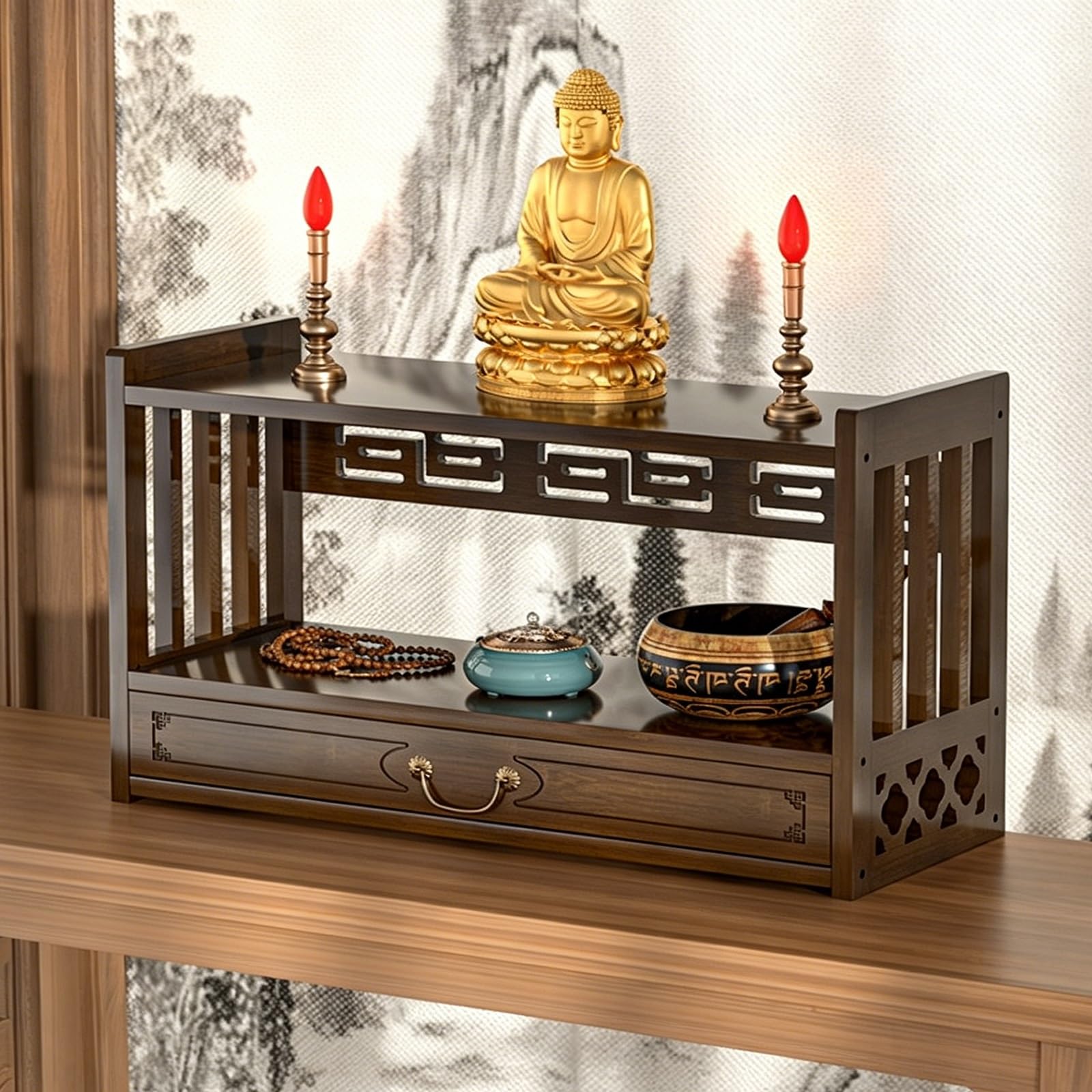 JNTFNE Bamboo Meditation Altar Table, Personal Shrine Table with Drawer, Prayer Offering Stand, for Devotional Practices, Offerings, and Display(Brown,69 * 28cm/27.2 11in)