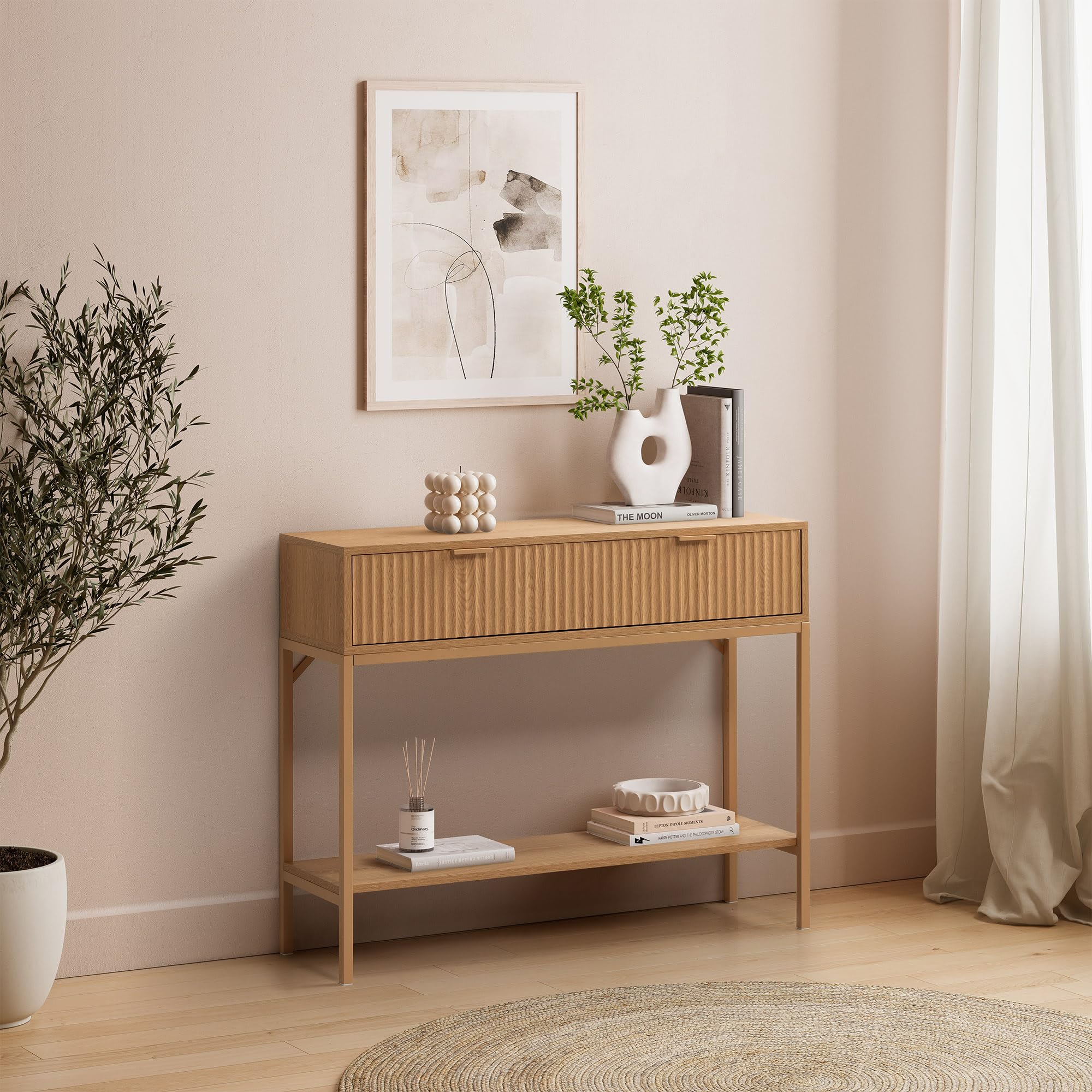 HOMN LIVING Mesa Consola recibidor Lluvia 2 cajones Color Roble, 100 cm (Ancho) 30 cm (Profundo) 80 cm (Altura)