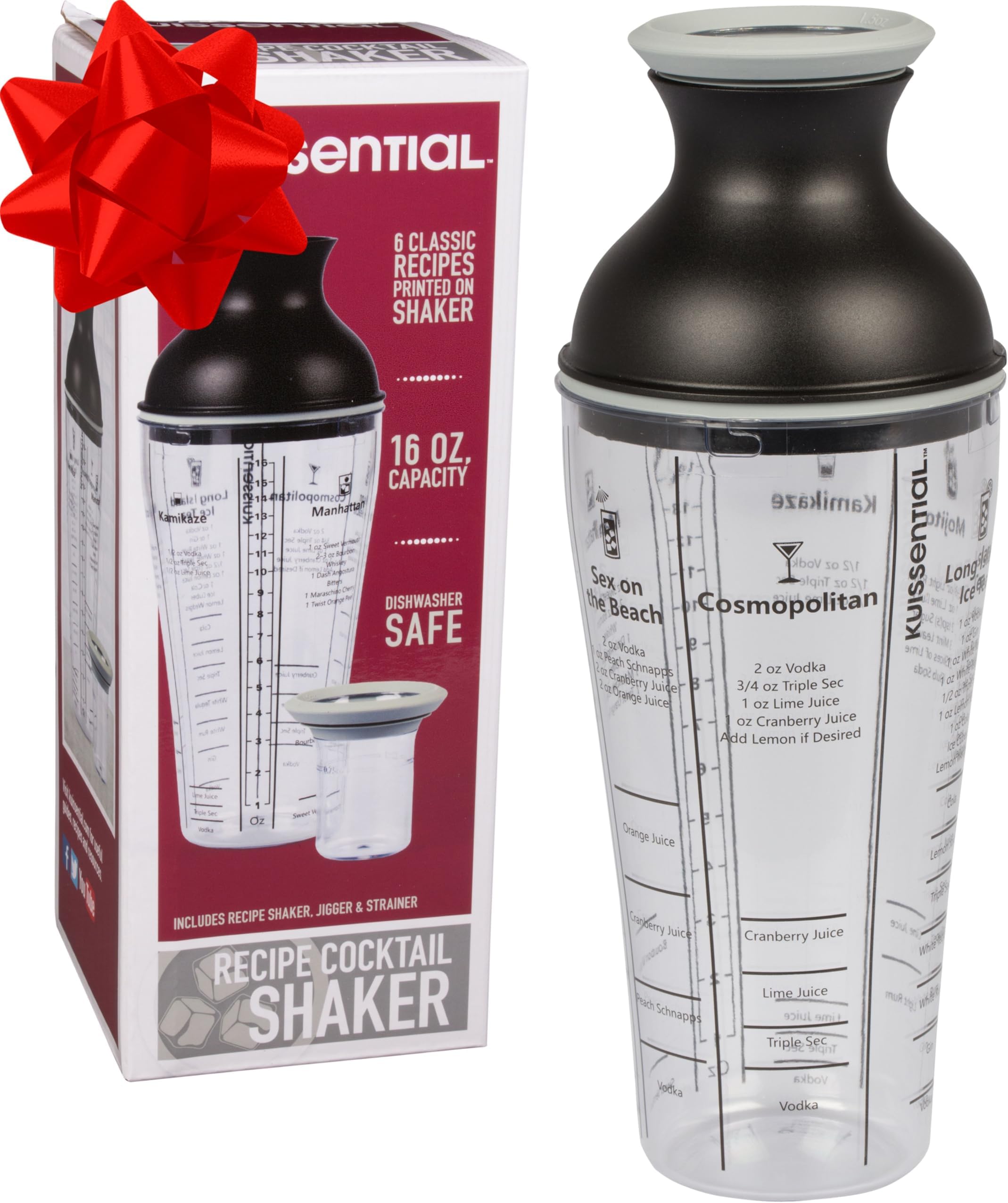 16oz Large Cocktail Shaker Bar Set- Includes Measuring Jigger, Strainer, 6 Printed Mixed Drink Recipe Measurements on Bottle- Fun Bartender Kit for Mojitos, Martinis & More- Great for Summer Parties