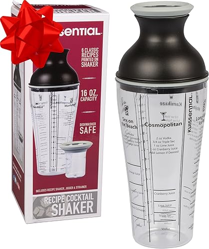 Juego de barra coctelera de 16 onzas, incluye jigger medidor, colador, 6 medidas de recetas de bebidas mixtas impresas en botella, kit de