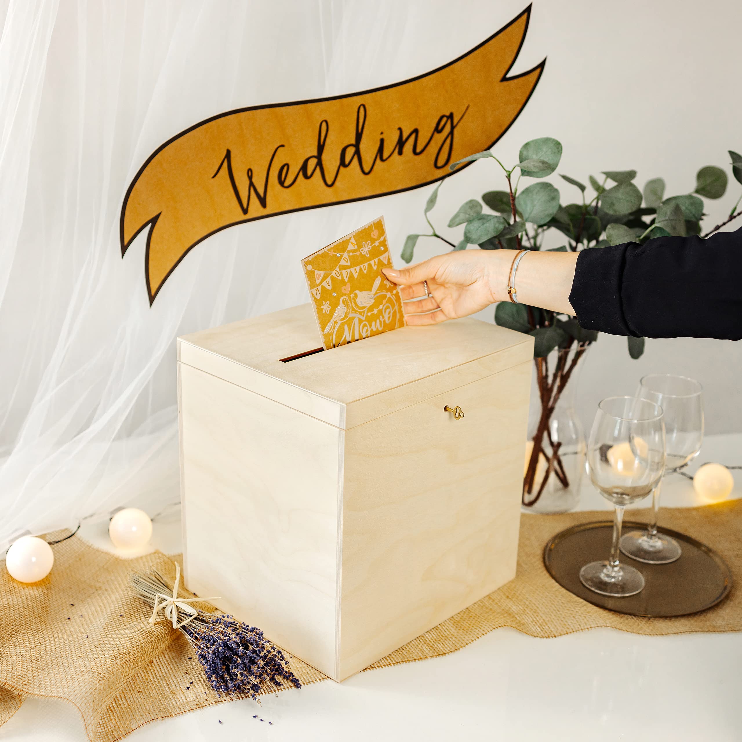 Creative Deco Boite en Bois pour Enveloppes | 29 x 25 x 30 cm | Bois Naturel | avec Couvercle et Clé | Boîte pour Occasions Spéciales | Urne Anniversaire | Mariage | Boite a Souvenirs, Cartes Lettre