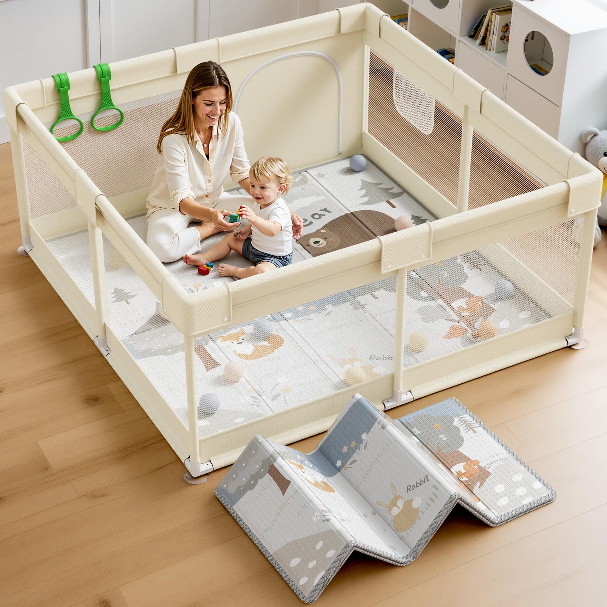 Julrrimg Baby Laufgitter 120x120 cm mit Matte & Matratze für Zuhause | Baby Laufgitter, geräumiger Spielbereich für Zuhause, leicht zu reinigen und platzsparend verstaubar
