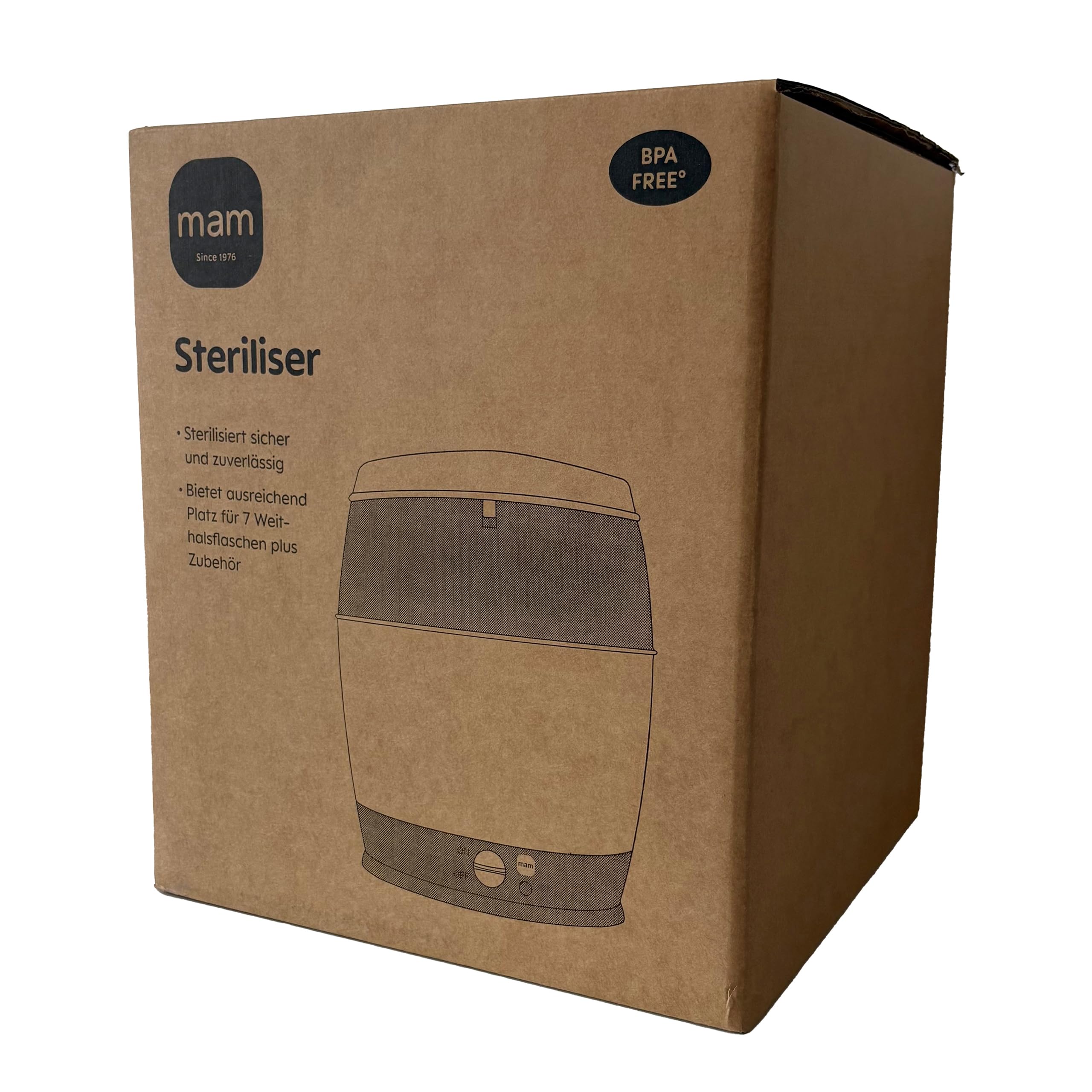 MAM Sterilisator, elektrischer Dampfsterilisator für Babyflaschen, Sauger & Zubehör, zuverlässiger Vaporisator inkl. Oberkorb und Zange, grau
