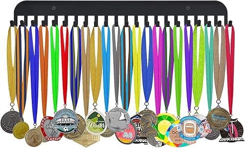 Miniatura 5 de 2 soportes para medallas de gimnasia, estante de exhibición para medallas y cintas, exhibidor de medallas con 22 ganchos (negro)