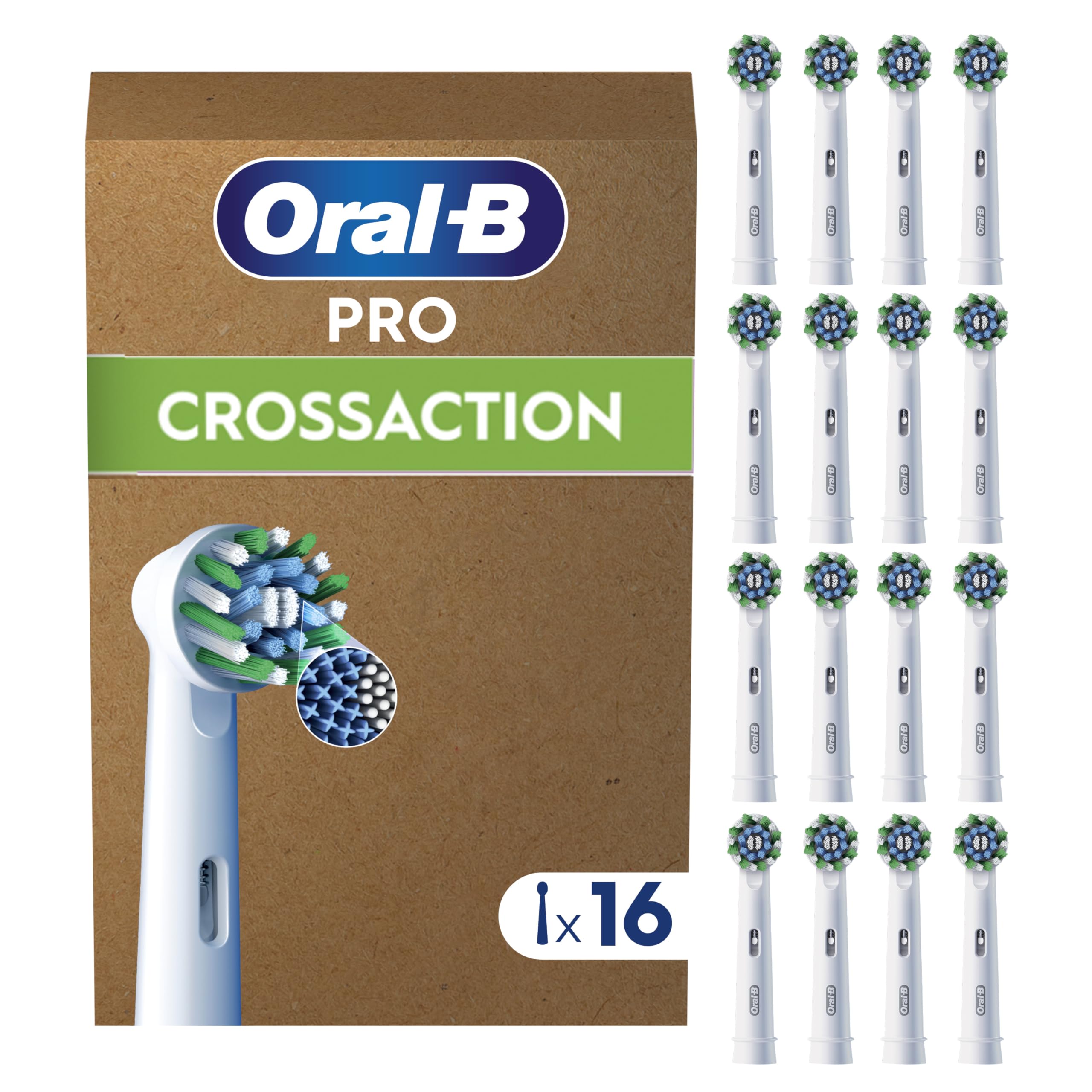 Oral-B Pro CrossAction Cabezales de Recambio Originales, Blanco, Pack de 16 | Recambios para Cepillo Eléctrico Oral B Pro, con Indicador de Uso y Filamentos en Forma de X para Una Limpieza Profunda