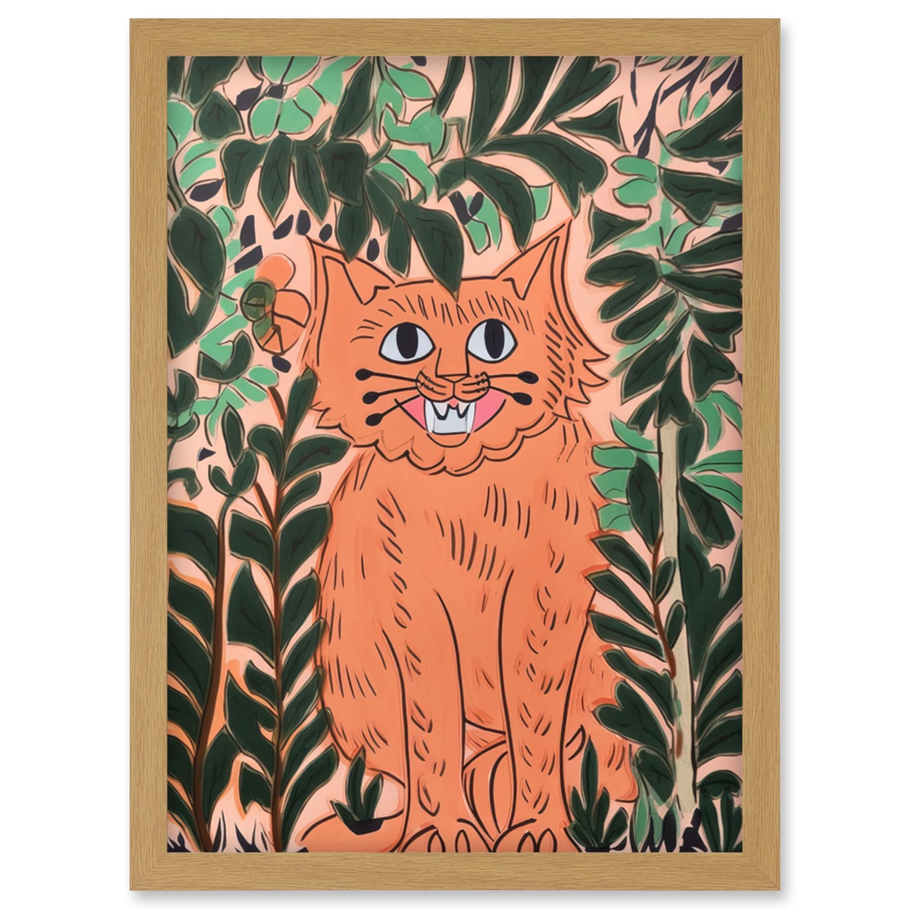 Artery8 Ginger Orange Tabby Cat in Plants Modern Folk Art Artwork Framed Wall Art Print A4