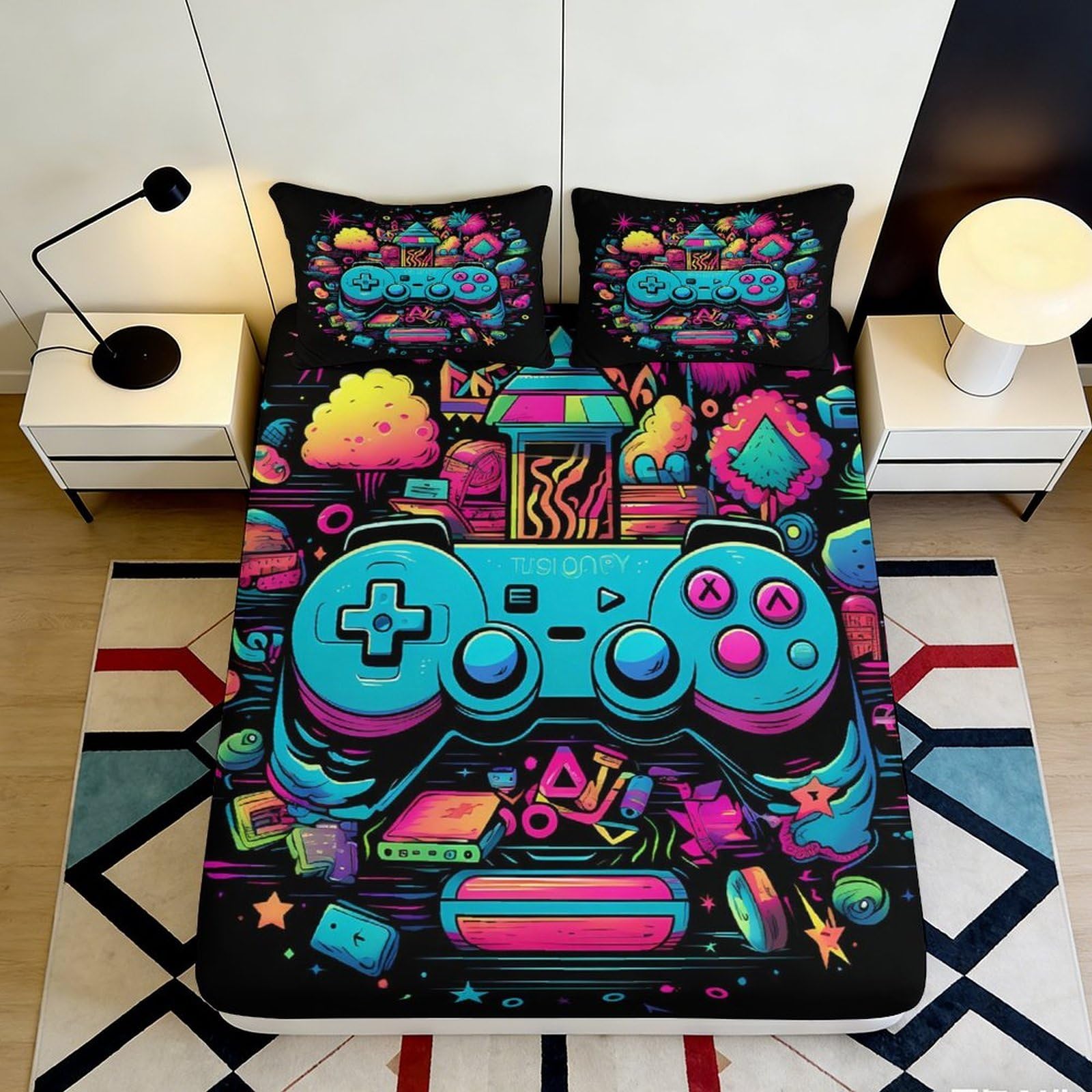 3D Printed Neon Gamepad Fitted Sheet Microfiber Soft Anti-Slip Retro Console Mattress Cover for Bedroom Decor 90x200x25cm