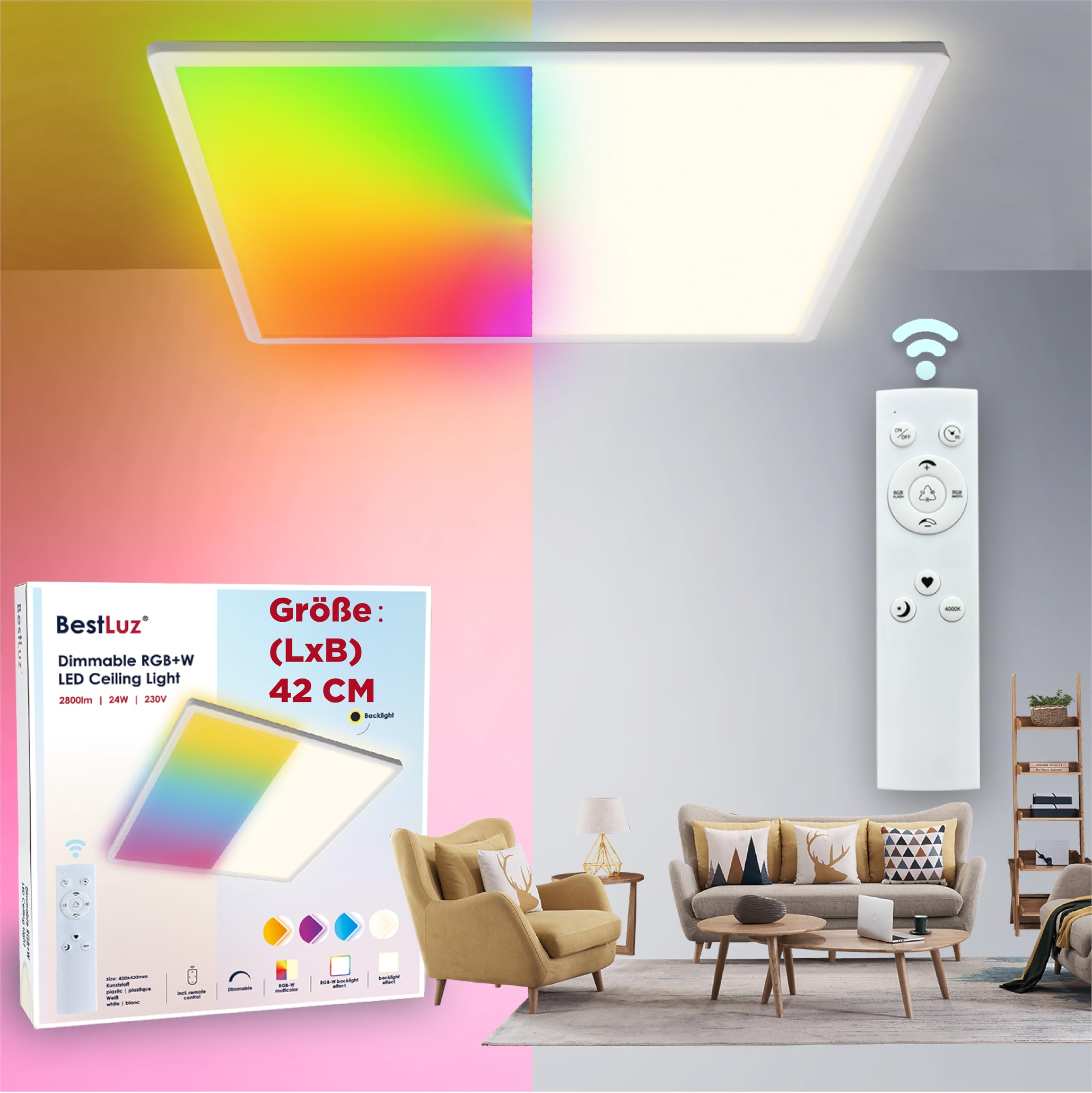 BestLuz - Lámpara de techo LED (42 x 42 cm, 24 W, RGBW, color blanco neutro, 4000 K, con efecto de control remoto, para cuarto de baño, sala de estar, cocina ultrafina,