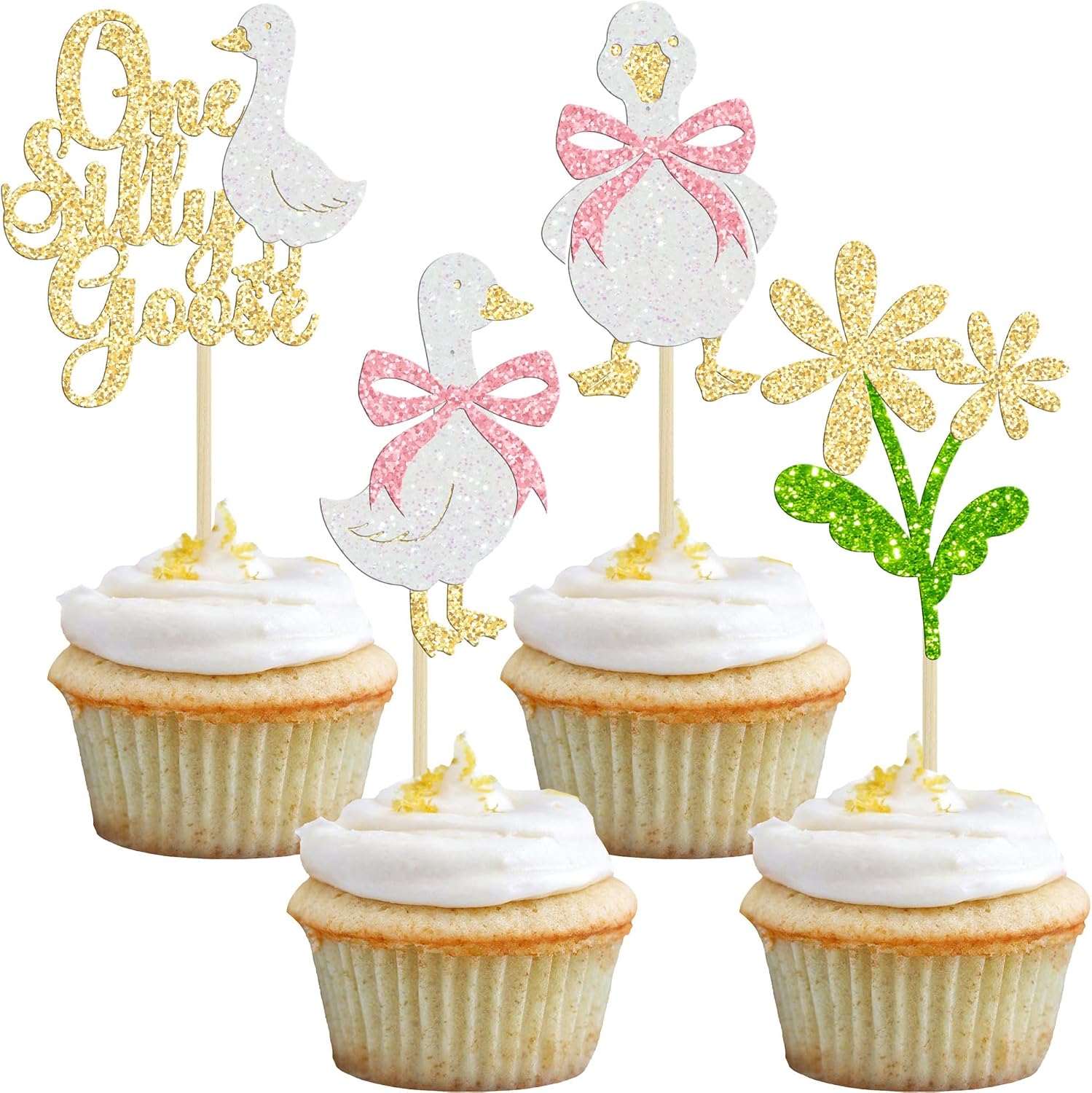 Ephlyn 24Pcs One Silly Goose Cupcake Toppers First Birthday Decorations Silly Goose 1st Birthday Cupcake Pick for Baby Shower Boys Girls First Birthday Party Supplies Muti White Pink