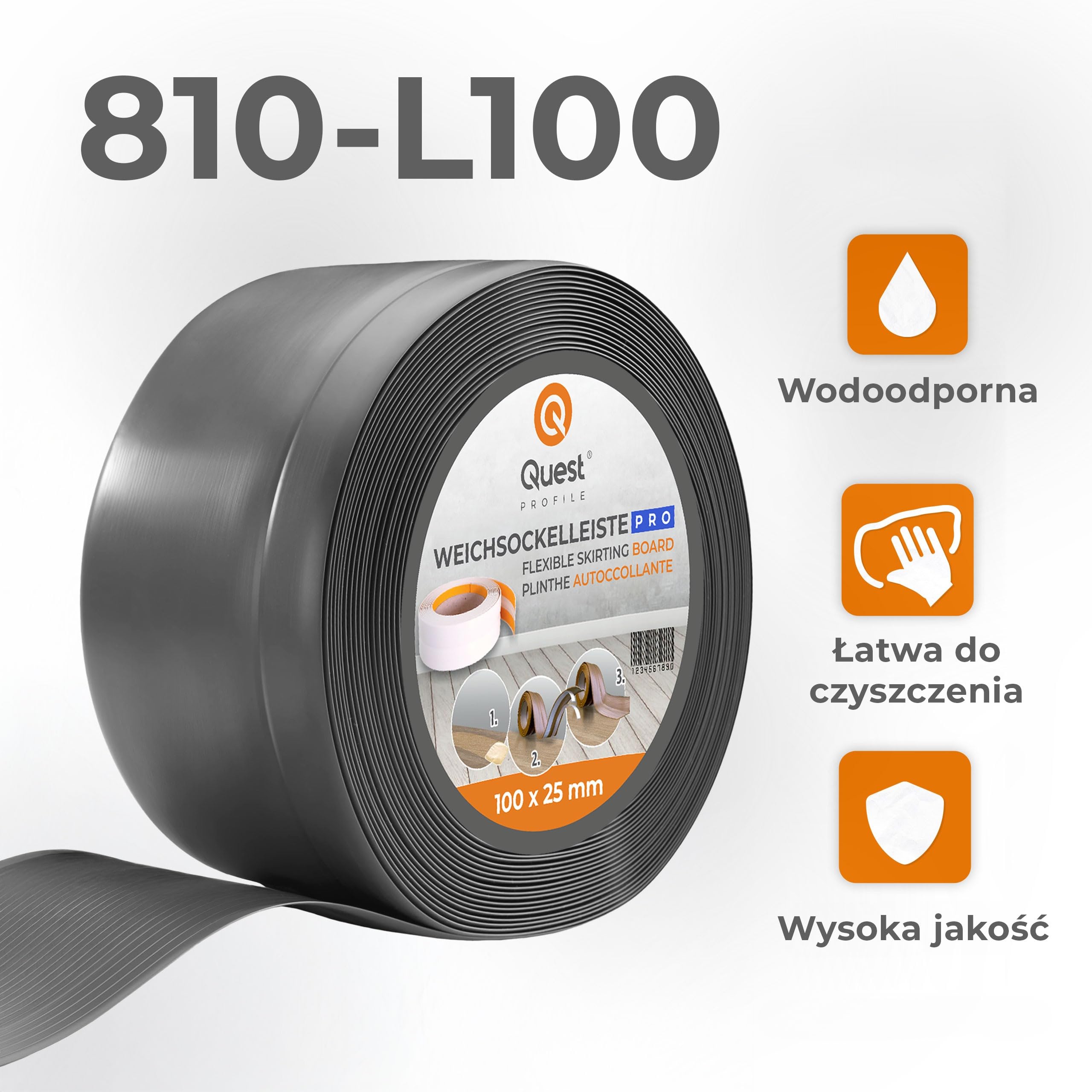 Quest Listwa przypodłogowa elastyczna PVC 100x25 mm – ciemnoszary, 15 mb