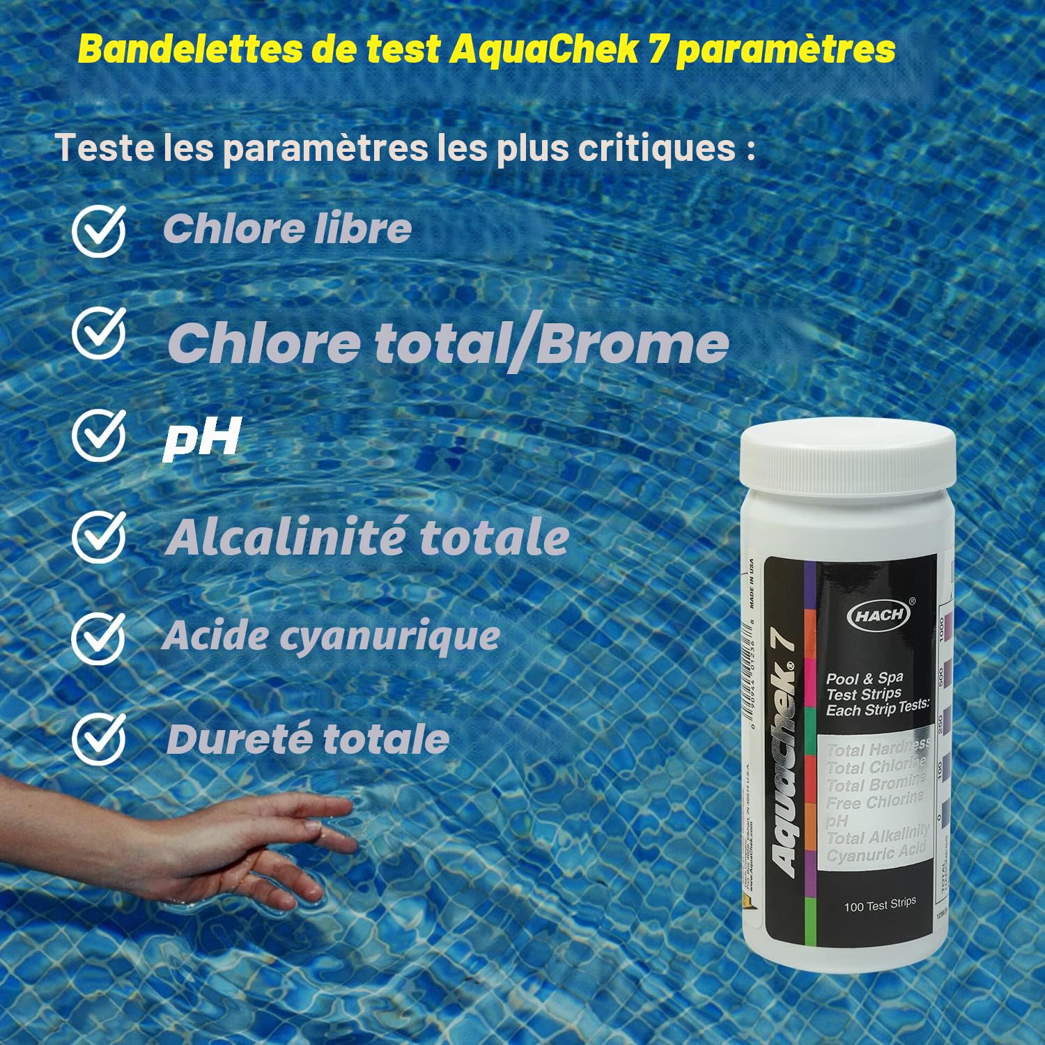 AquaChek Bandelettes de test 7 voies pour piscine et spa – Bandelettes de test argentées pour le pH, le chlore total, le chlore libre, le brome, l'alcalinité, la dureté totale et l'acide cyanurique –