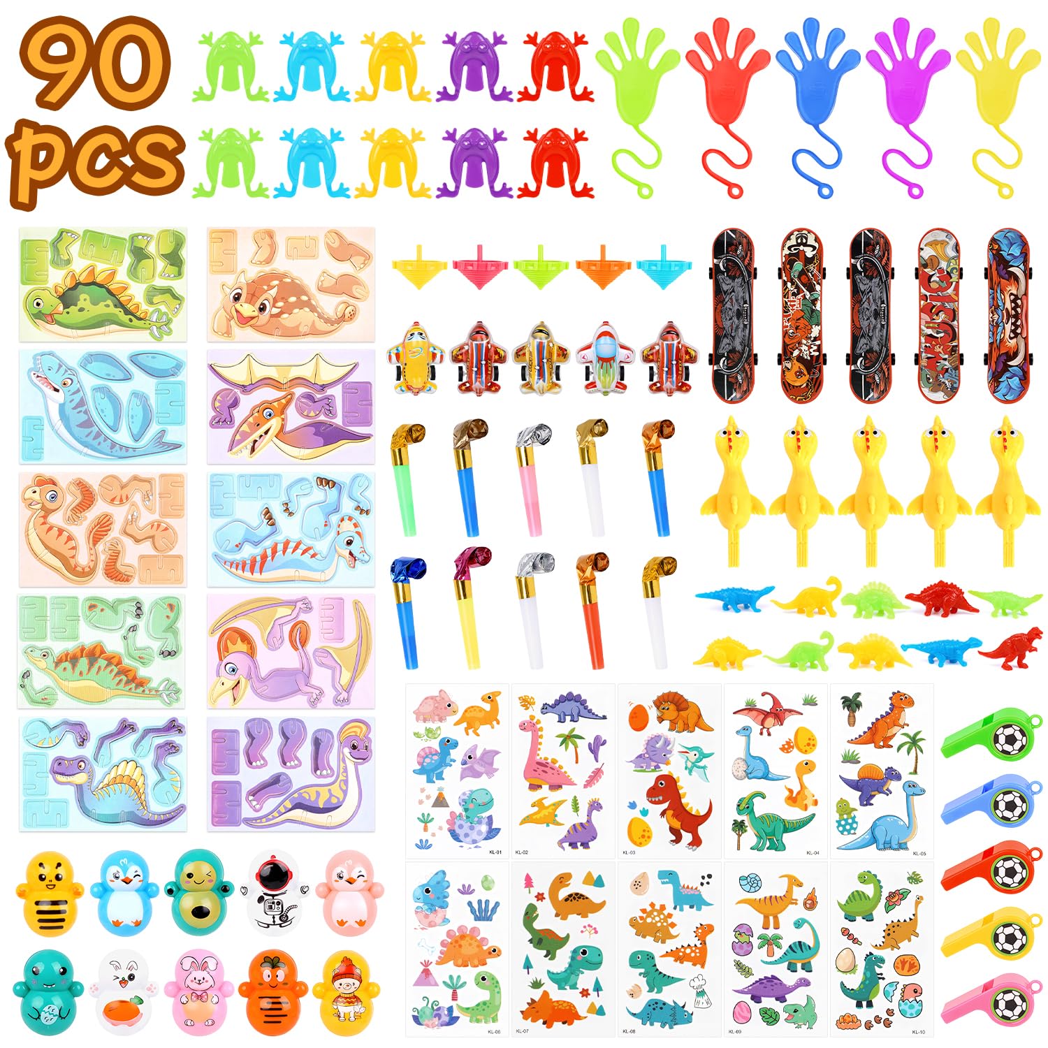VEYLIN 90 Pcs Party Bag Fillers for Kids, Assorted Classroom Prize Box Toys, Bulk Goodie Bag Toys with Finger Skateboards, Dinosaurs, Tumblers, Stickers for Loot Party Bag Fillers