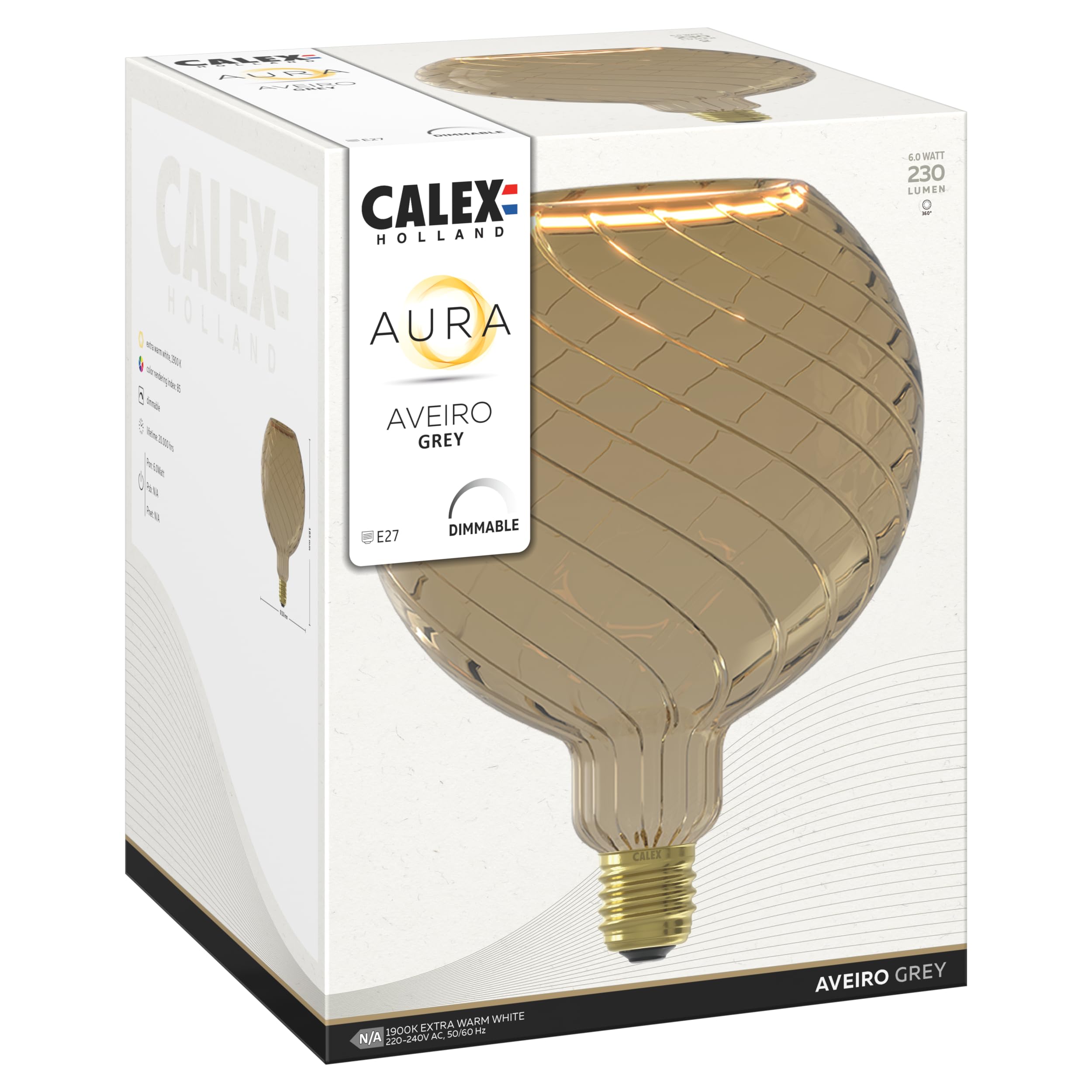 CALEX - Aura Aveiro LED Bulb, Floating Globe Light, E27, Grey, G150 Dimmable Warm White Light, 6W - Image 4