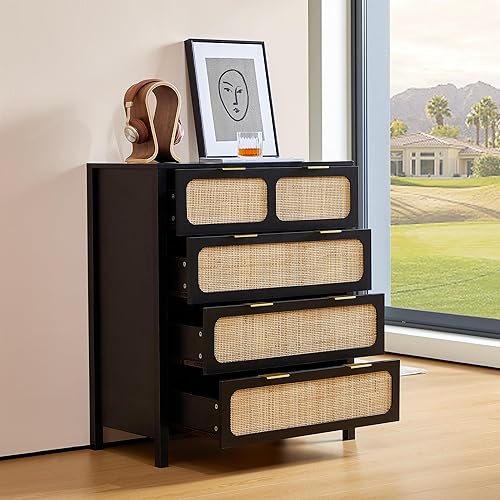 Miniatura 3 de Cómoda de 4 cajones, moderna cómoda de ratán con cajones anchos y asas de metal, cómoda de almacenamiento de madera de granja para dormitorio, sala