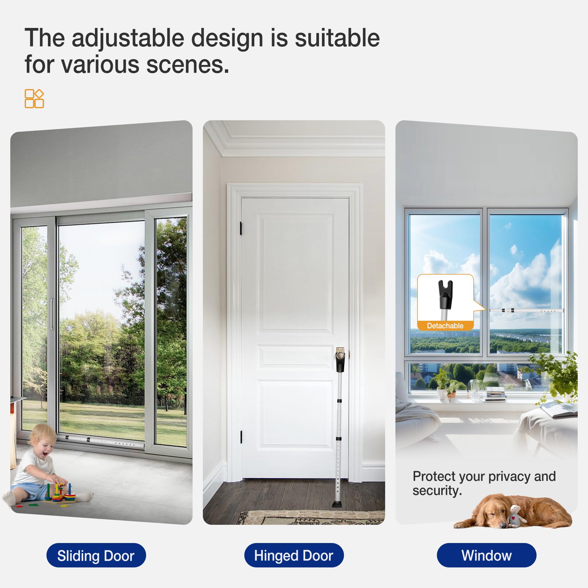 WINSOON Barra de seguridad para puerta corrediza, barra de seguridad ajustable resistente para puerta corrediza de vidrio, puerta de patio, hogar, apartamento, viaje, hotel, (1 paquete, blanco)
