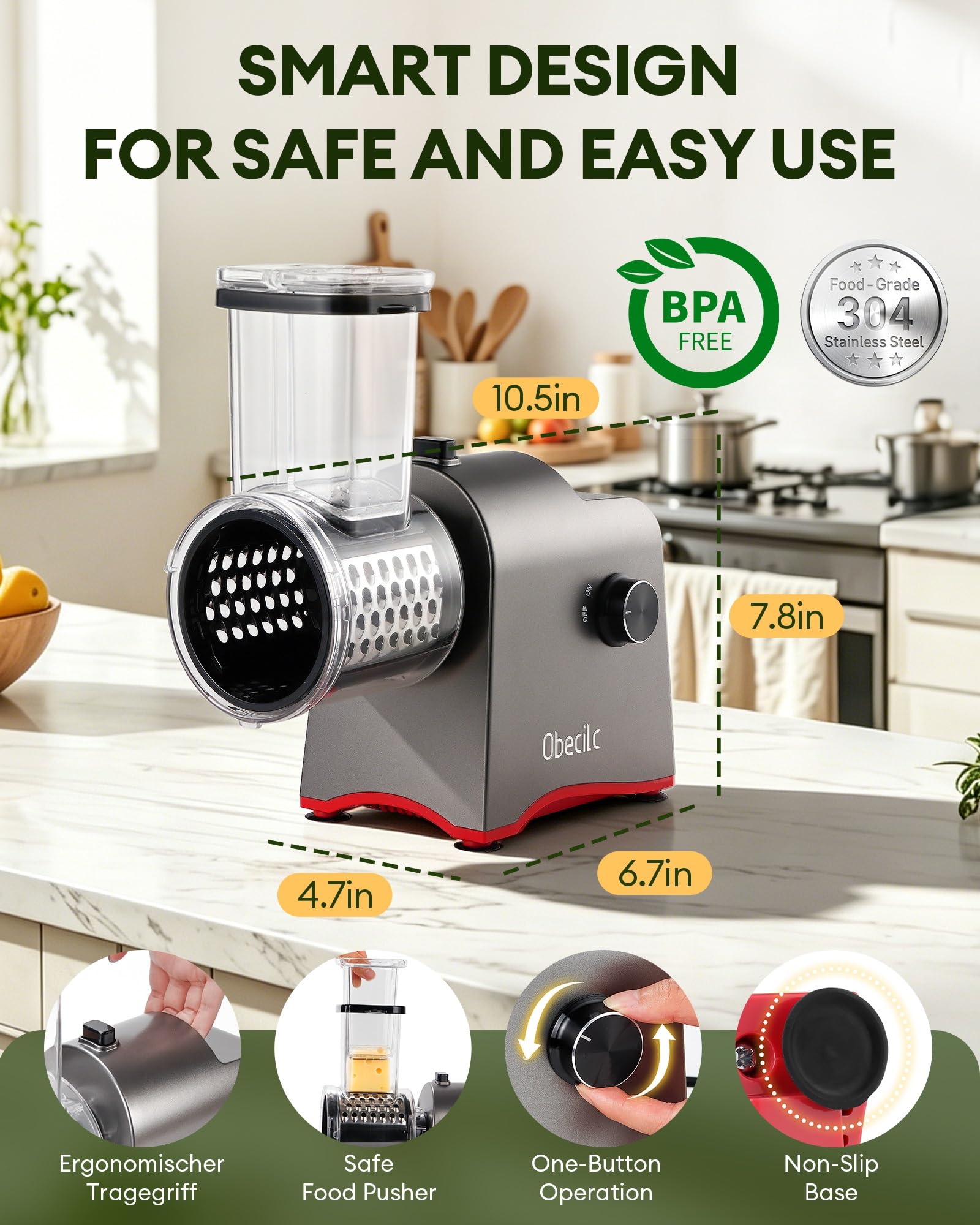Grattugia elettrica 7 in 1 con motore da 300 W, affettatrice multifunzione per frutta, lame intercambiabili e scatola portaoggetti, per patate intere