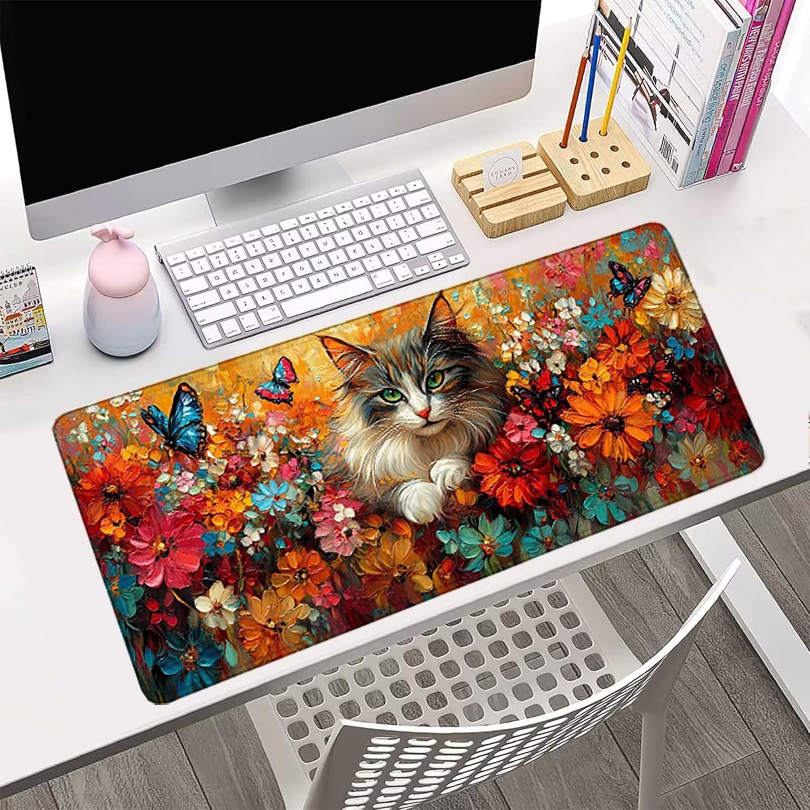 Podkładka pod mysz z kwiatami XXL 1200 x 600 mm, wodoodporna podkładka pod mysz z motywem kota szyte krawędzie design akcesoria biurowe antypoślizgowa gumowa podstawa powierzchnia dla graczy, biurko