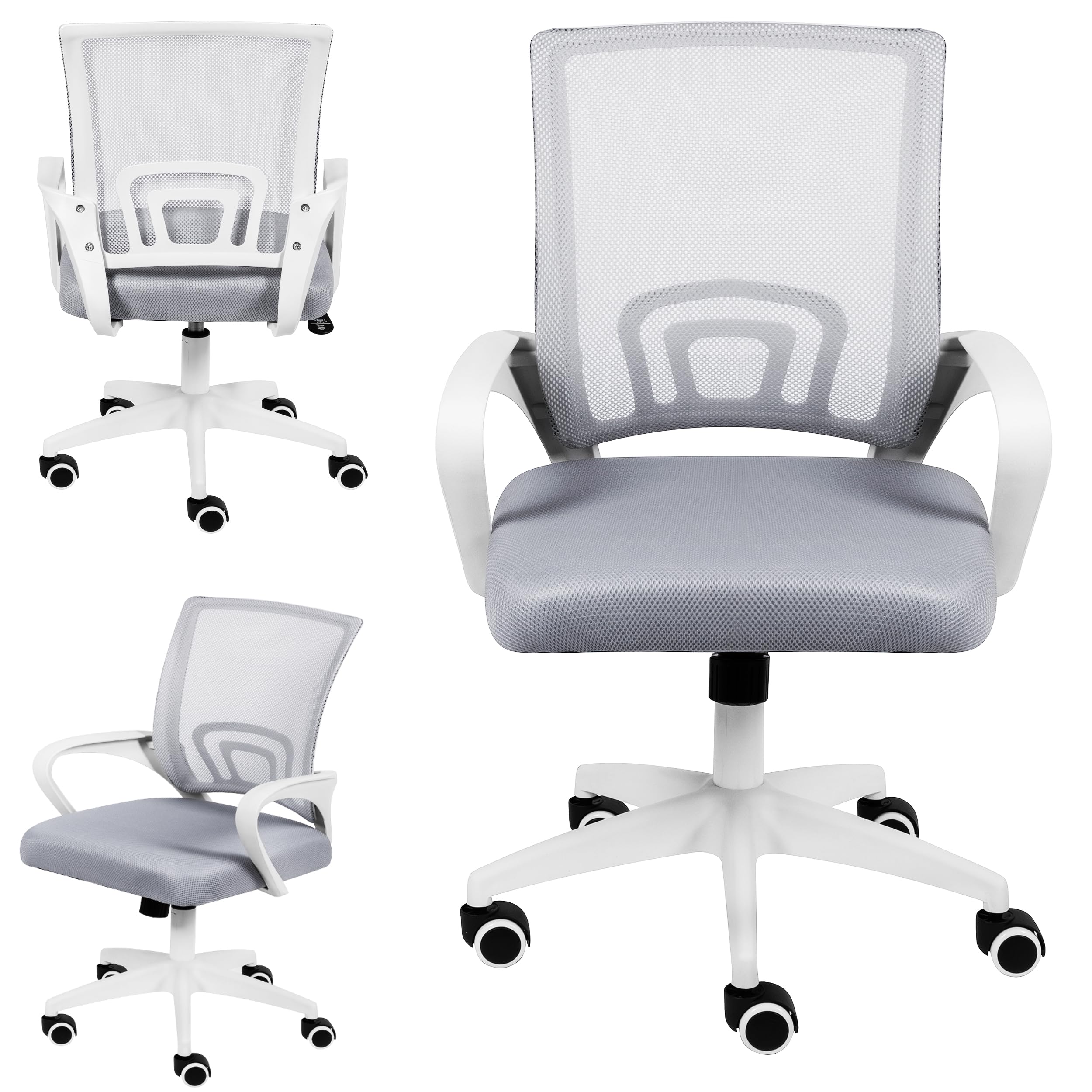 młodzieżowe krzesło biurowe z szarą siatką | regulacja wysokości | ergonomiczne krzesło do biurka z regulowanymi podłokietnikami | oddychające oparcie | ciche gumowe kółka | nowoczesne wzornictwo