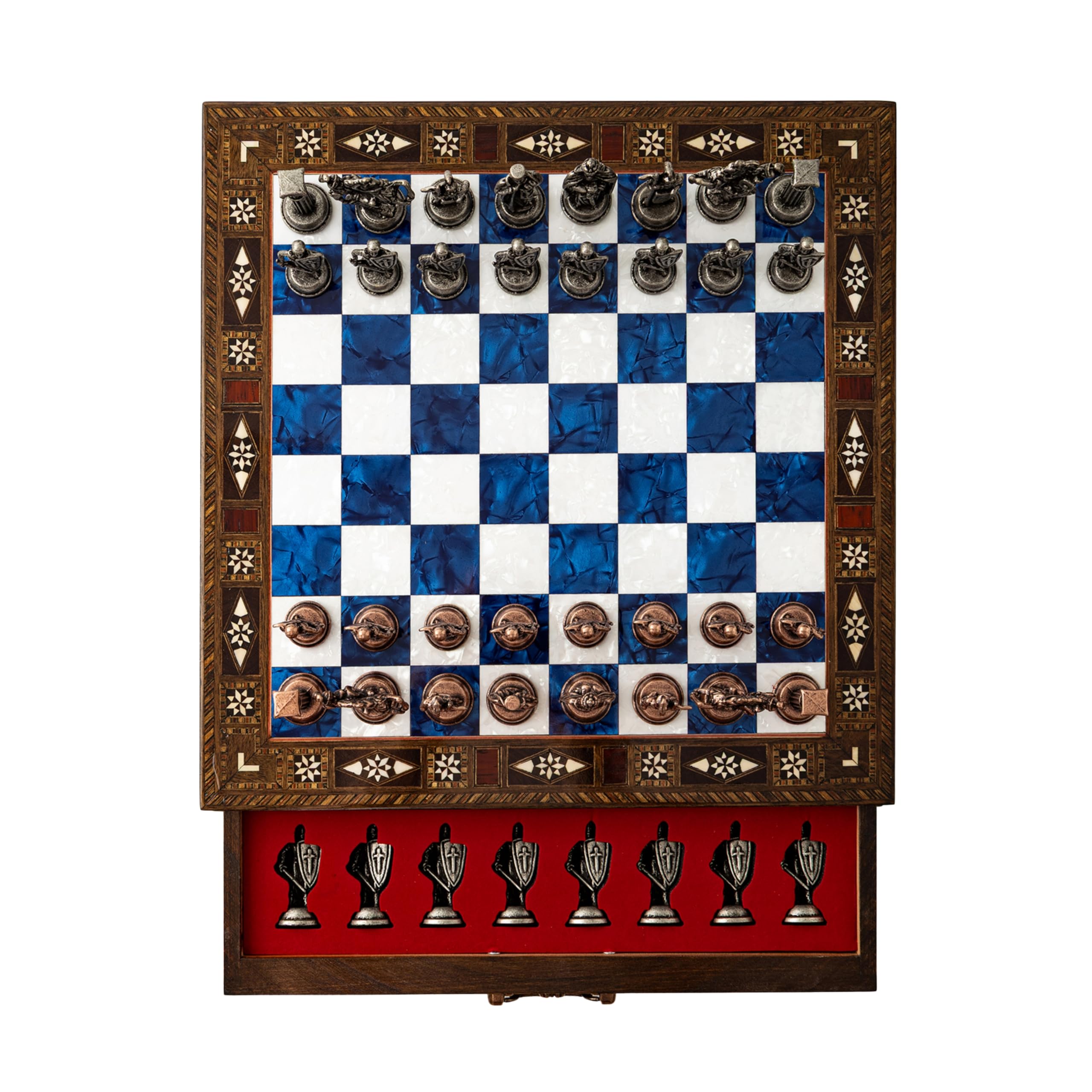 Luxury Handmade Wooden Chess Set with Metal Pieces – 12.2'' Decorative Storage Chess Board – British Themed Chess Pieces for Christmas, Birthday & Father’s Day (Blue)