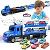 MOONTOY Carrier Truck Race Track Kids Toys, 55 Inch Foldable Hauler Track Ejection Car and 6 Metal Race Car, Truck Toys with Lights & Sounds, Gifts for 3 4 5 6 Years Old Boys Girls