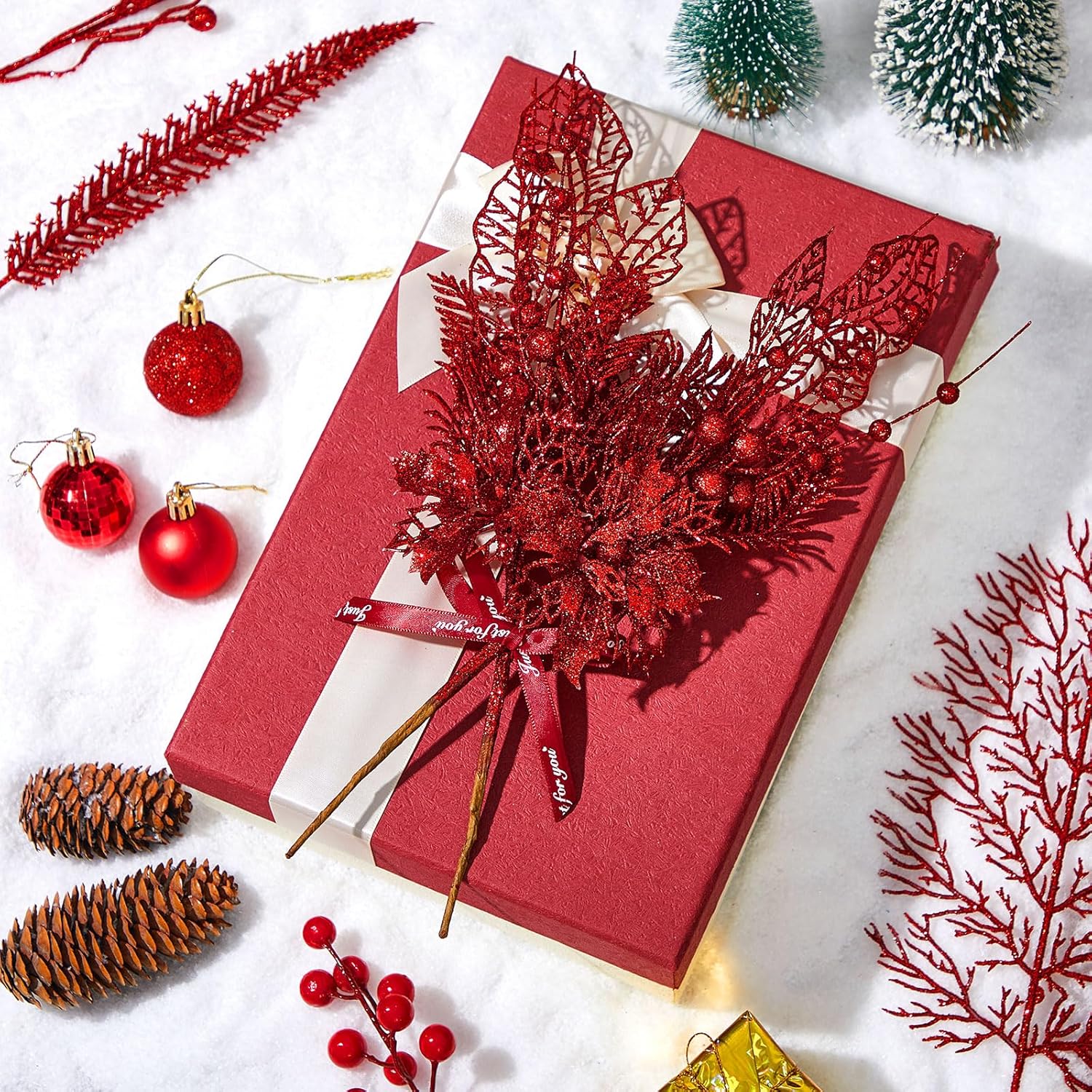 Moucuny 30 Pcs Artificial Valentines Picks and Sprays Glitter Berry Stem Branches Holly Floral Picks Twigs Christmas Tree Ornaments for DIY Valentines Wreath Vase Filler Decorations(Red)