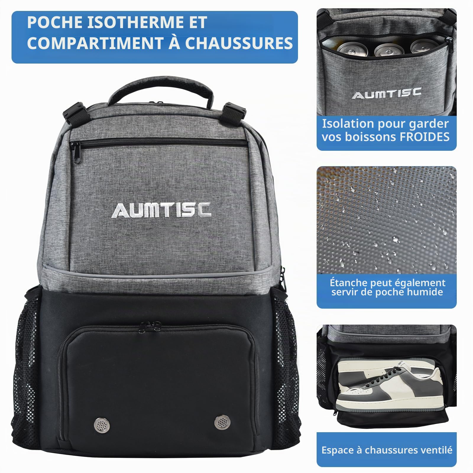 AUMTISC Sac à Dos de Tennis avec 2 Raquettes pour Homme et Femme, Sac à Dos avec Compartiment à Chaussures pour Raquette de Badminton, Squash, Padel et Accessoires