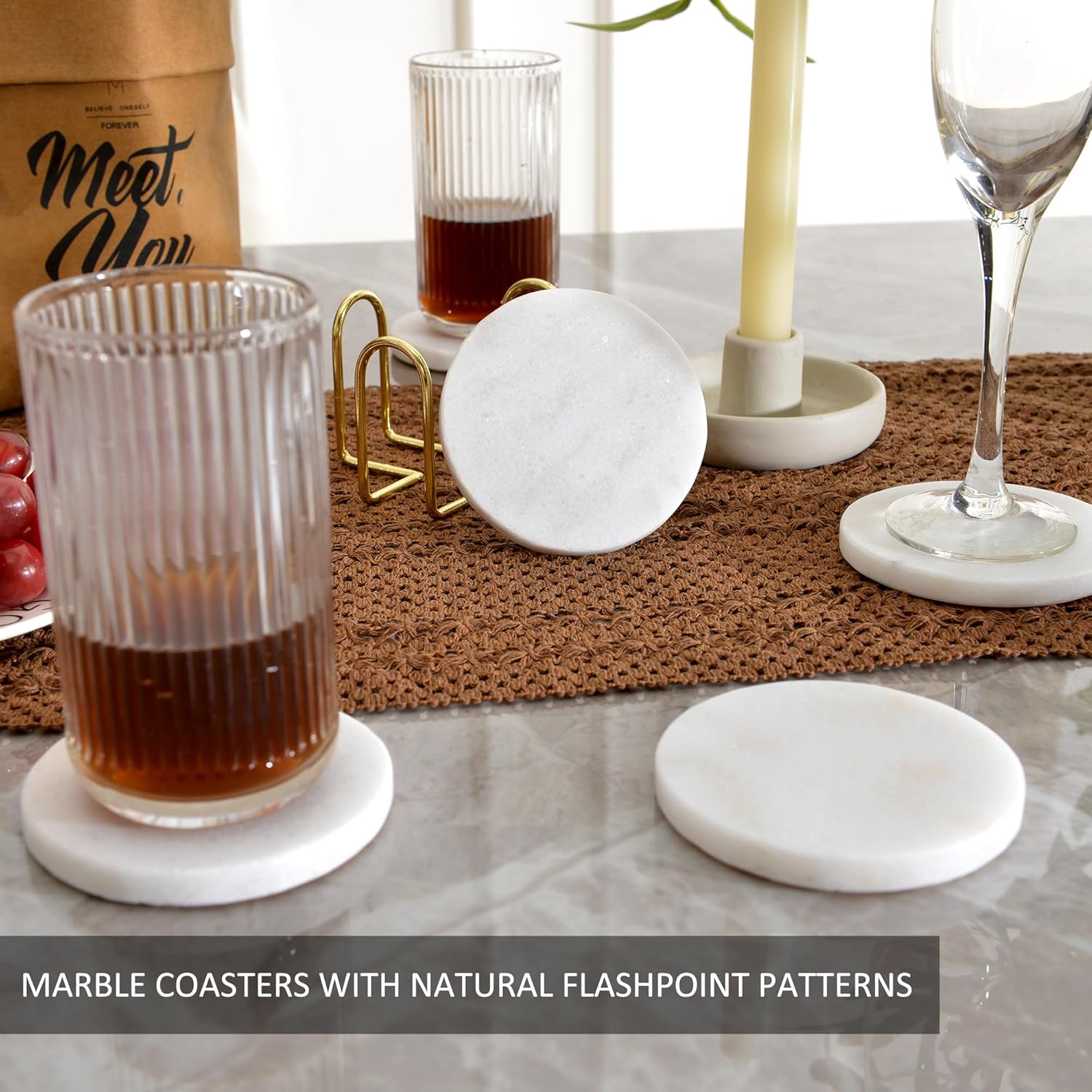 4インチ モダン シャイニング ホワイト 大理石 コースター ゴールドメタルホルダー付き ラウンド 天然石 ドリンクコースター 5枚