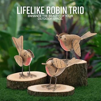 GloBrite Set of 3 Robin Garden Ornaments outdoor - Hand-Painted Resin Bird Decorations for Garden Ideal Robin Gifts & Outdoor Accessories for Nature Lovers & Enthusiasts