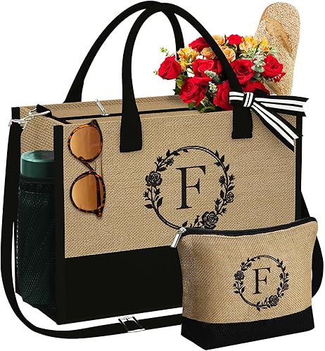 Bolsa de yute con inicial, bolsa de maquillaje con cremallera y correa ajustable, regalos personalizados para mujeres y cumpleaños
