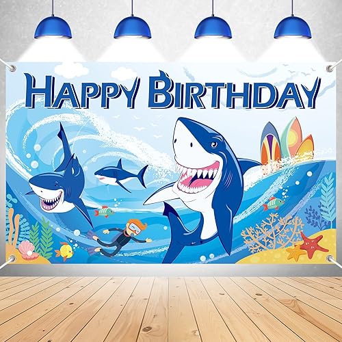 Fondo de tiburón para cabina de fotos, pancarta de feliz cumpleaños de tiburón, temática de tiburón bajo el mar, suministros de decoración de fiesta