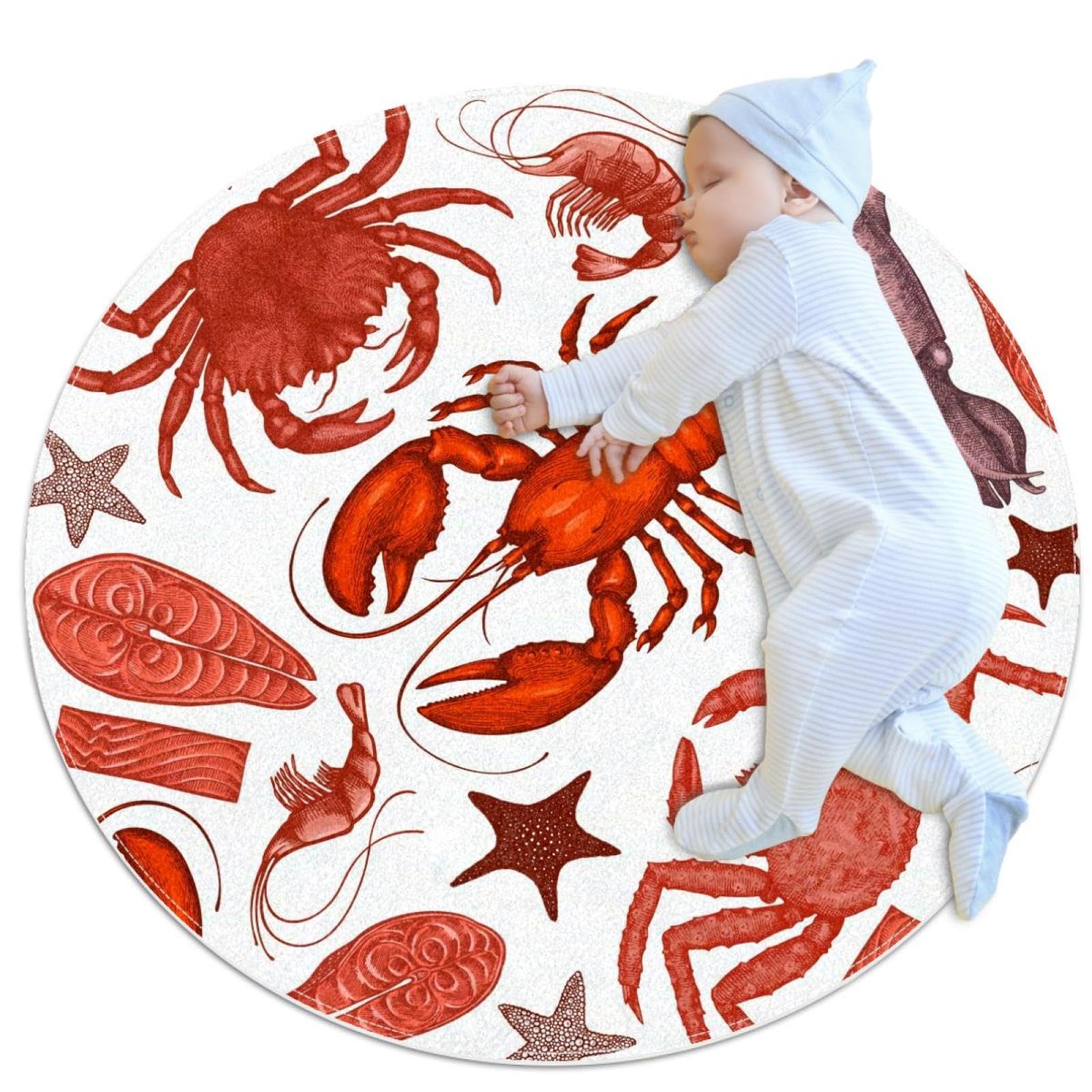Tapis de salle de bain rond 1m motif homard et crabe antidérapant