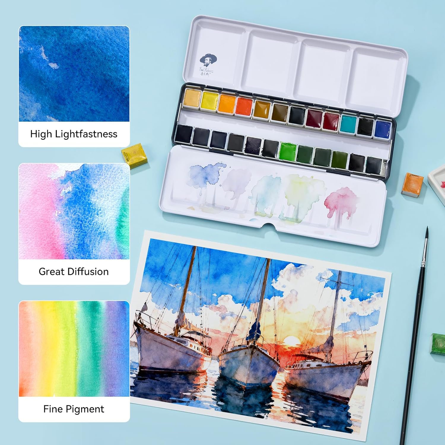 Paul Rubens Professional Watercolor Set - 24 Vibrant Ocean Colors for Seascape Painting, Artist-Grade Travel Watercolor Paints in Portable Metal Tin Box, Ideal for Artists, Beginners & Students