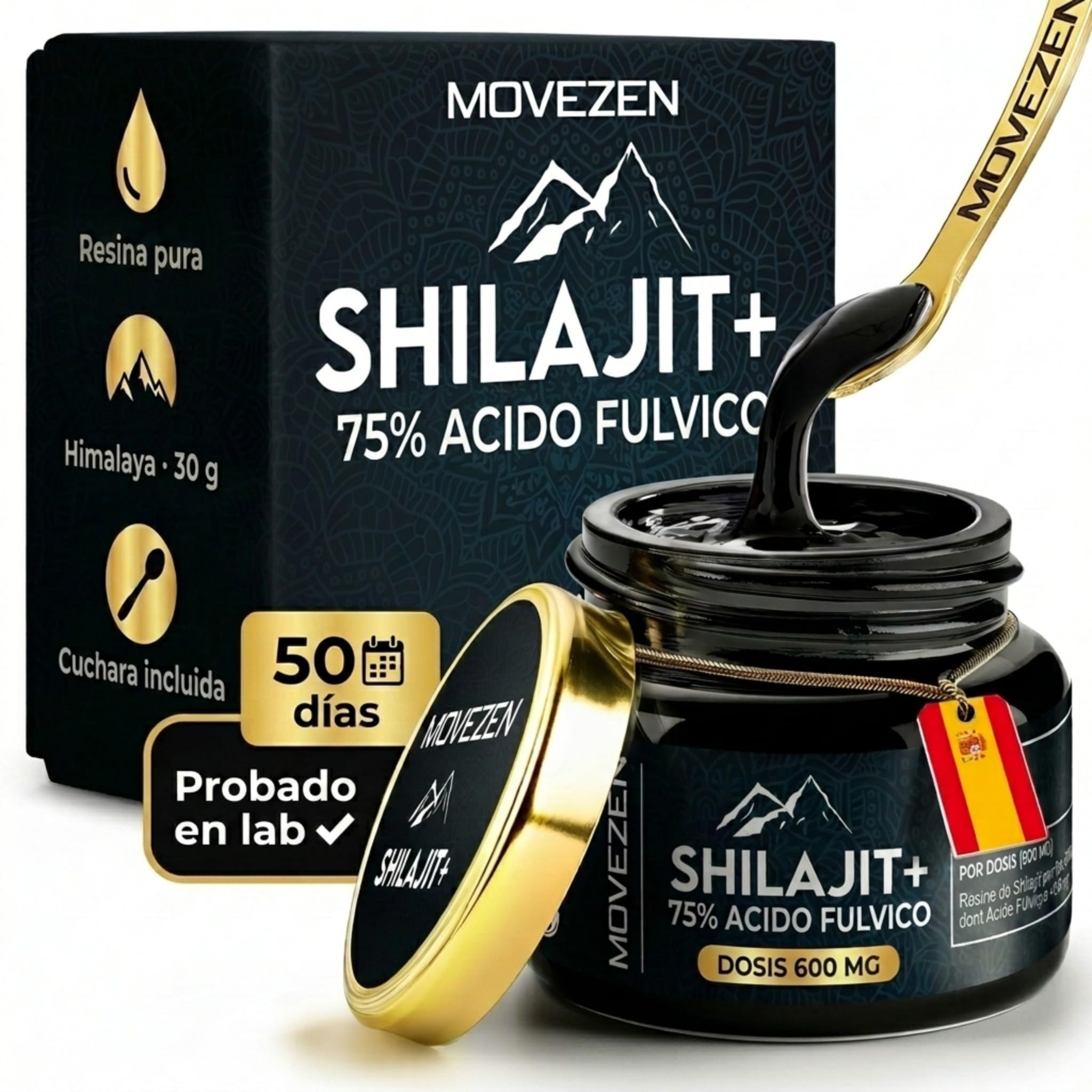 Shilajit+ MOVEZEN 30 g, resina de Shilajit puro (mumijo), ≥75% ácido fúlvico probado por Eurofins, Himalaya 5000 m, rico en 85 minerales, sin aditivos, 50 días, Halal, cuchara incluida