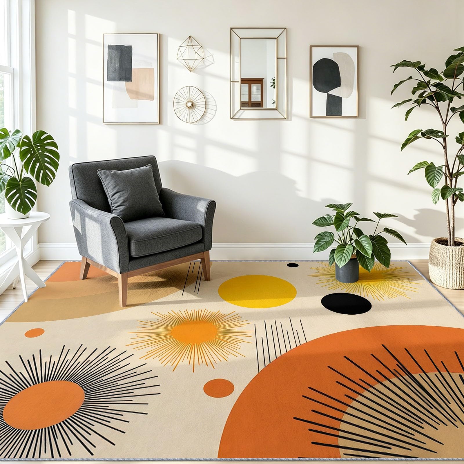 Retro Mid-Century Modern Teppich 80 x 150 cm Teppich Wohnzimmer Kreis Sonne Linie Geometrisch Kurzflor Waschbarer Teppiche Schlafzimmer Weich rutschfest Teppiche für Kinderzimmer Esszimmer, Orange