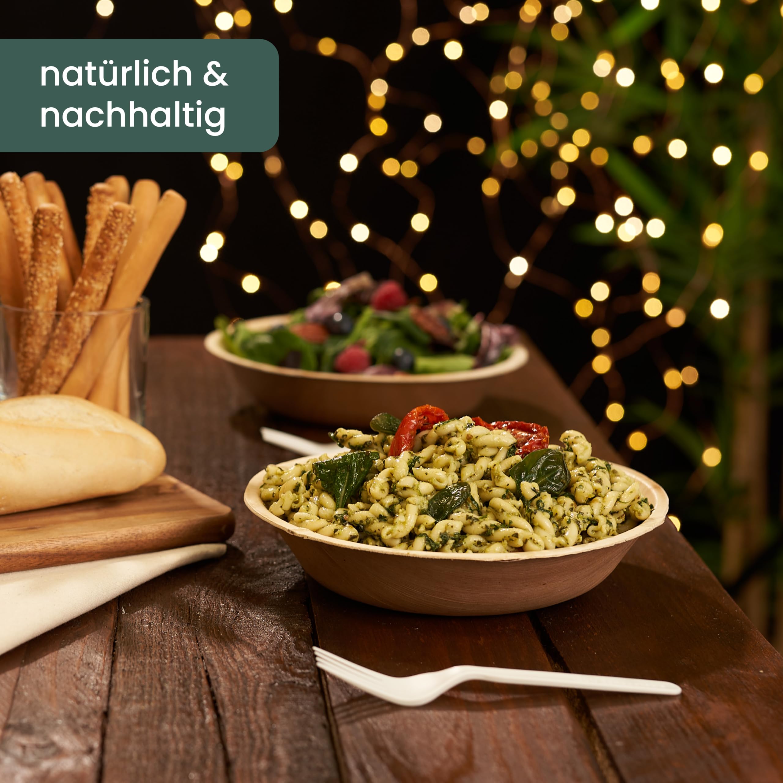 HÄAGO 25 große Palmblatt-Schalen, 700 ml – Einwegschüsseln 20 cm für warme & kalte Speisen, Party, Buffet, Chips & Pasta – kompostierbar, mikrowellen- & gefriergeeignet, Bambus-Optik