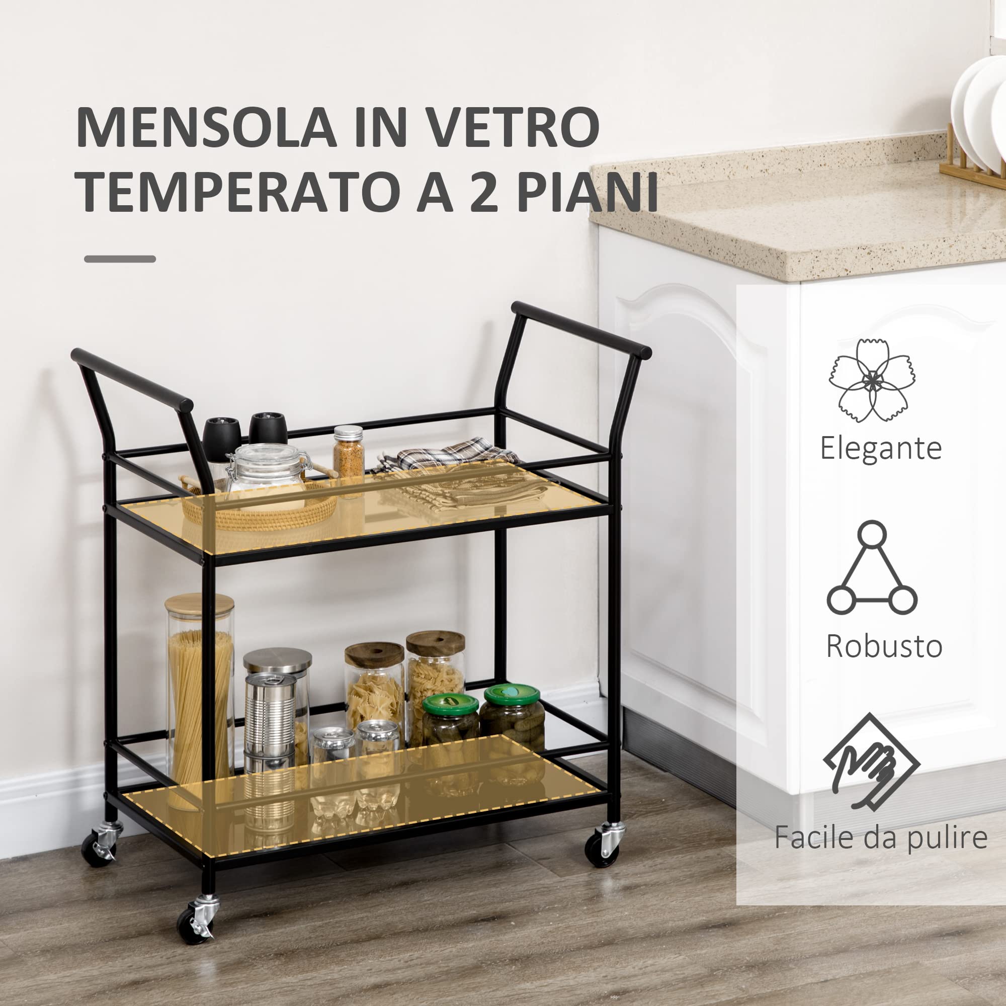HOMCOM Carrello da Cucina a 2 Livelli con Piani in Vetro Temperato, 4 Rotelle e Struttura in Metallo, 75x40x80 cm, Nero