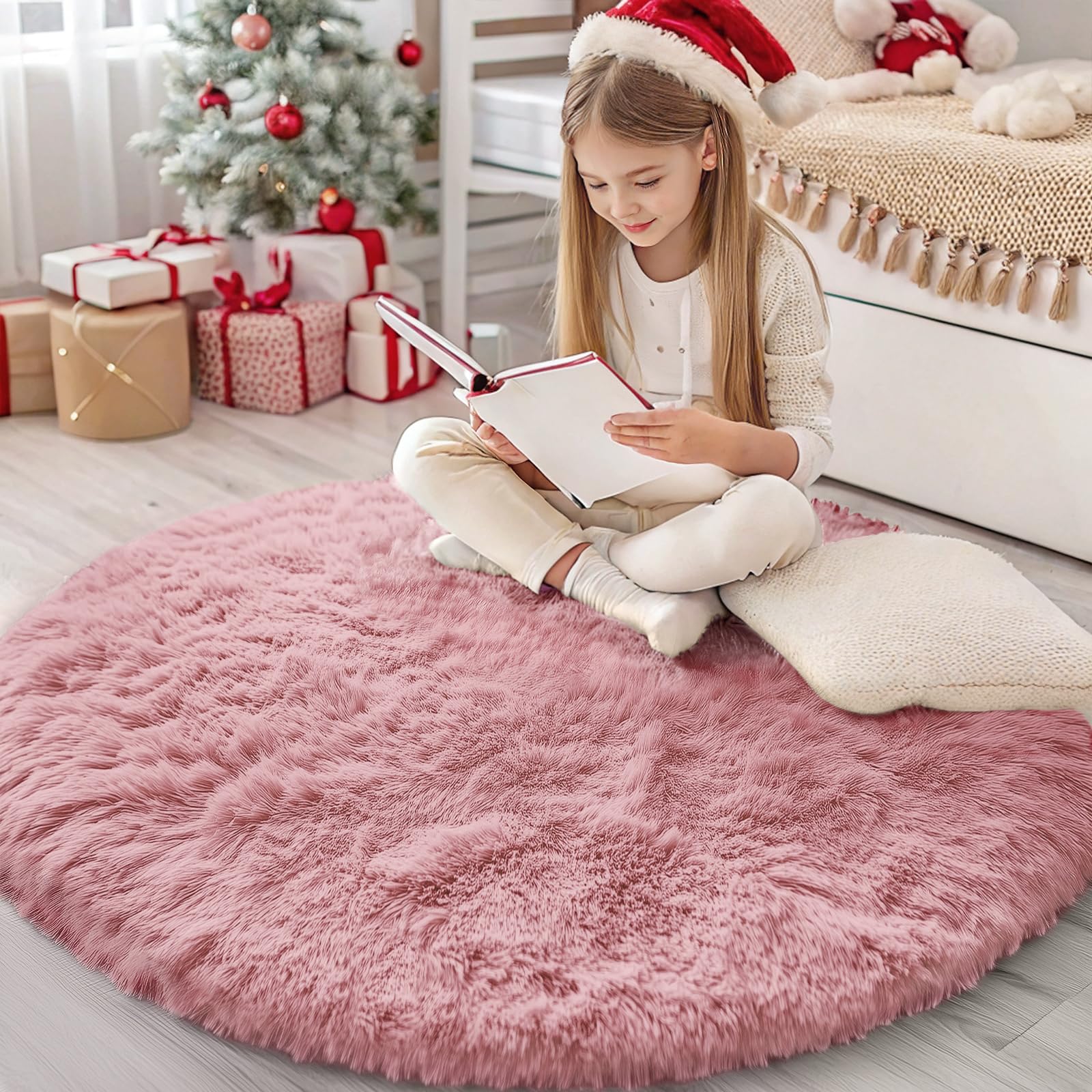 Homaxy Fluffy Shaggy Rugs Living Room, Soft Thick Pile Carpet, Machine Washable Anti Slip Bedside Rug for Kids Bedroom, Nursery - Pink, Round 120 cm