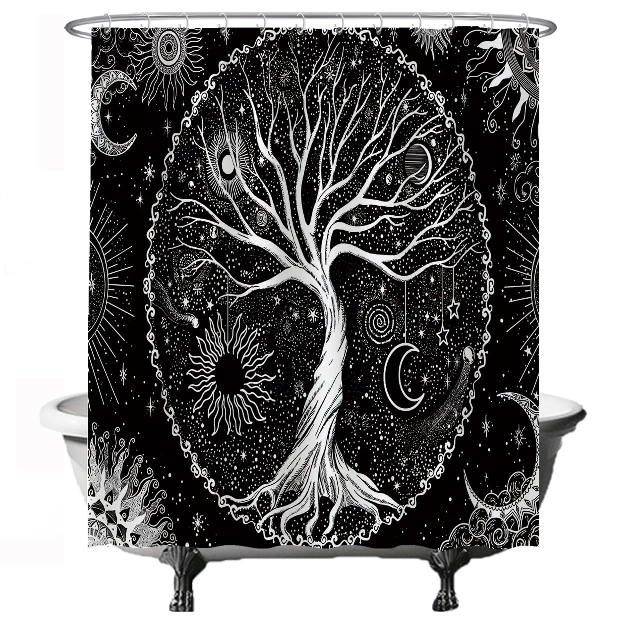 Ulticool Tree Of Life Black White Shower Curtain - 180 X 200 Cm - Washable - Waterproof - Anti Mould - With 12 Rings