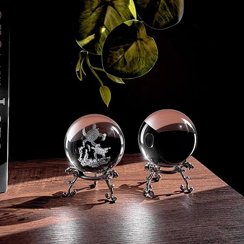 Miniatura 2 de 2 bolas de cristal de tortuga marina 3D, grabadas con láser, K9 de 2.362 in, base de trípode de hierro plateado para decoración del océano y regalos