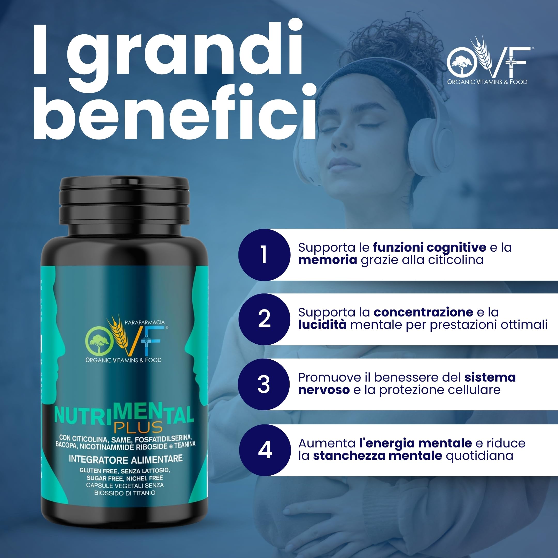 OVF Nutrimental Plus 500mg di Citicolina 60 cps, Integratore Studio Memoria e Concentrazione, contro la Stanchezza Mentale con Fosfatidilserina e Bacopa - per Ragazzi, Universitari, Studenti e Adulti