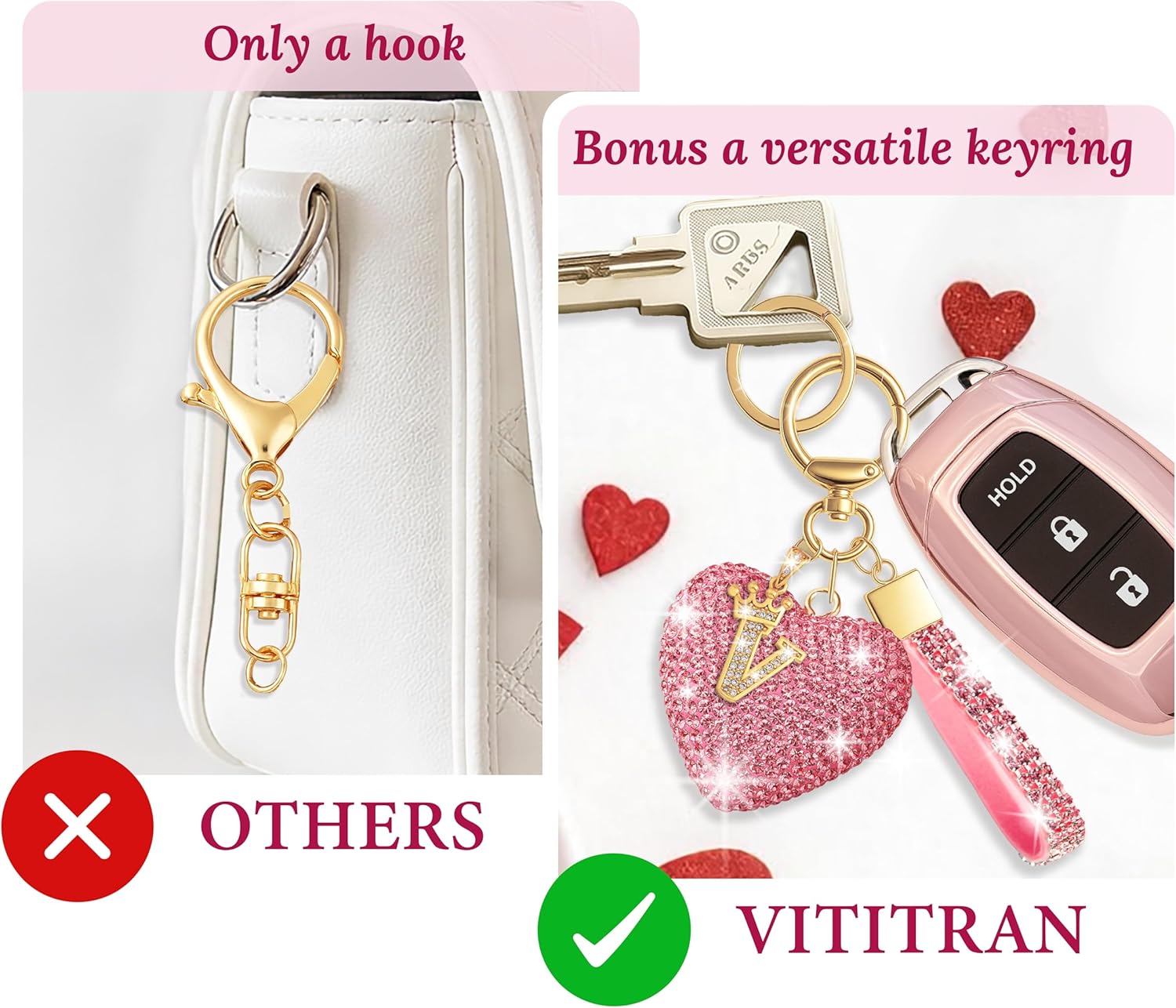 Bling Initial Letter Heart Keychain for Women – Glitter Rhinestone Personalized Bag Charm Wristlet – Sparkly Valentines Gift - Image 5