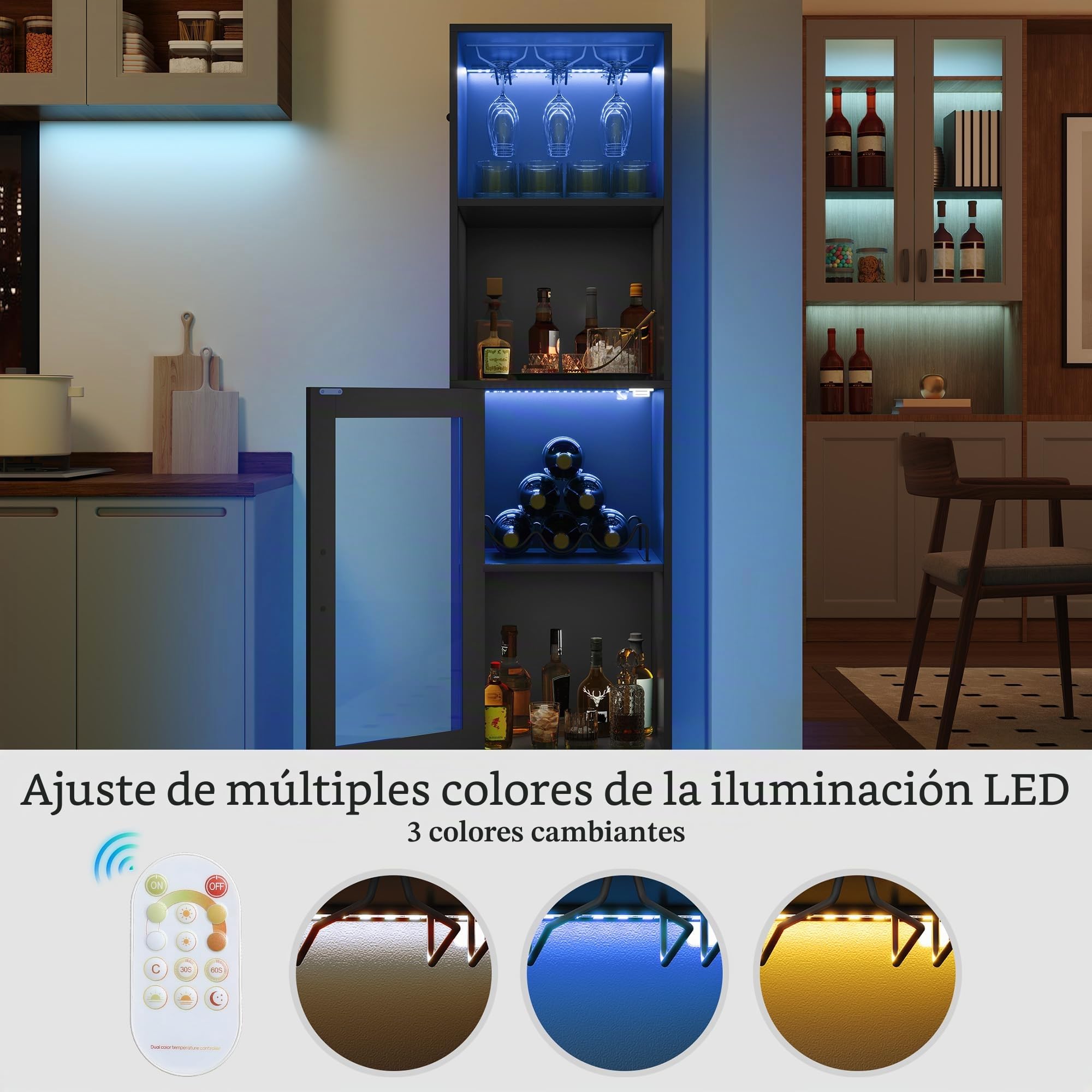 YITAHOME Gabinete de Bar con Luces LED Ajustables, Barra de café con Estante para Vino y Ganchos y Armario de Puerta acrílica, aparador de Buffet de Cocina para el hogar, Bar, Comedor, Sala de Estar