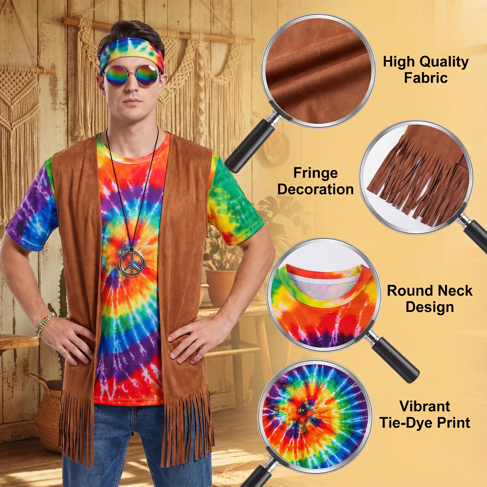Kitimi Hippie Kostüm Herren Damen Set, 60er 70er Jahre Outfit Herren, Retro Disco Hippie Kostüm Herren mit Fransenweste Farbiges T-Shirt und Hippie Accessoires für Cosplay Maskenbälle Karneval Kostüm