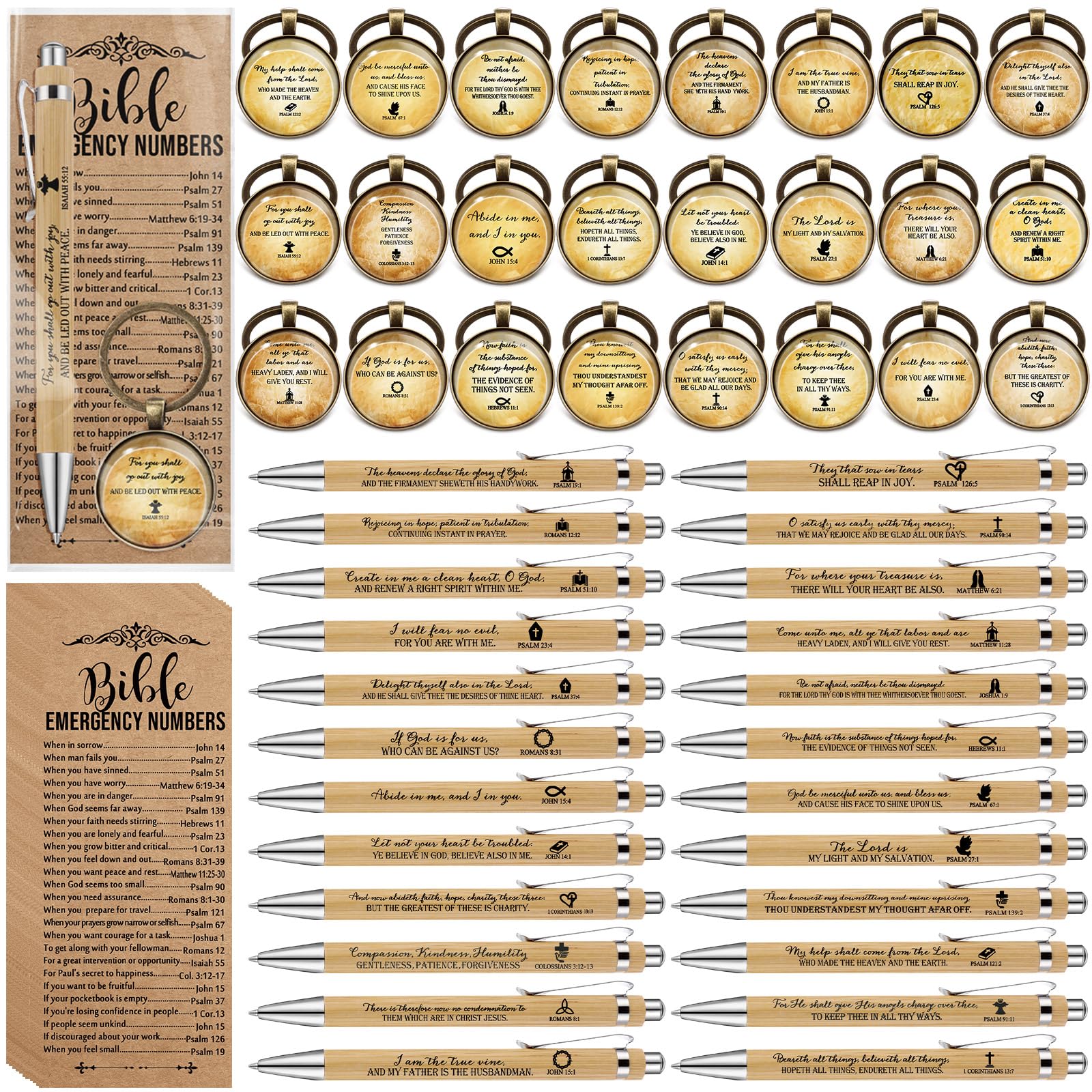 Dunzoom 25 Sets 75 Pcs Christian Gift Bulk Bible Verse Pens Emergency Numbers Bookmarks Scripture Keychains for Women Men Coworker Church Prayer